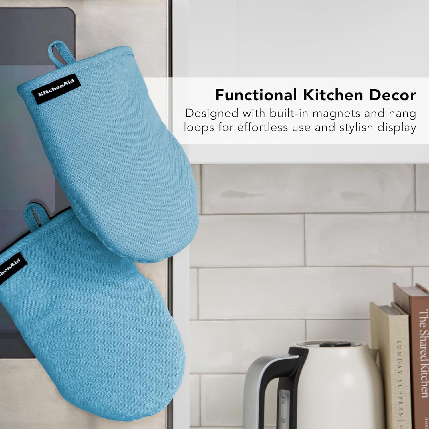 imageKITCHENAID Gourmet Series Gridlines Mini Oven Mitts 2Pack Set Heat Resistant up to 600F Soft Silicone Grip Magnetic Cuff Ink Blue 55quotx9quotBlue Velvet