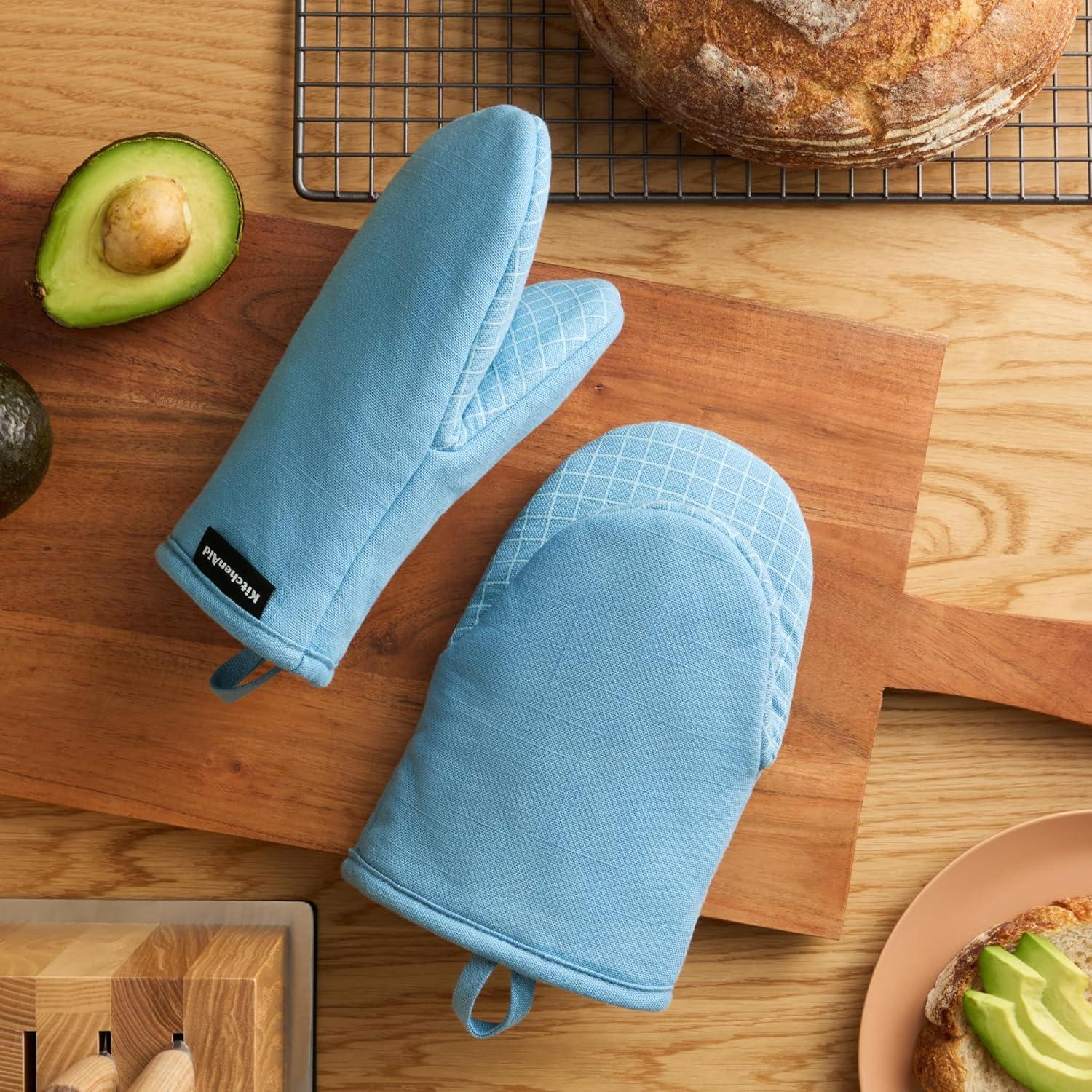 imageKITCHENAID Gourmet Series Gridlines Mini Oven Mitts 2Pack Set Heat Resistant up to 600F Soft Silicone Grip Magnetic Cuff Ink Blue 55quotx9quotBlue Velvet