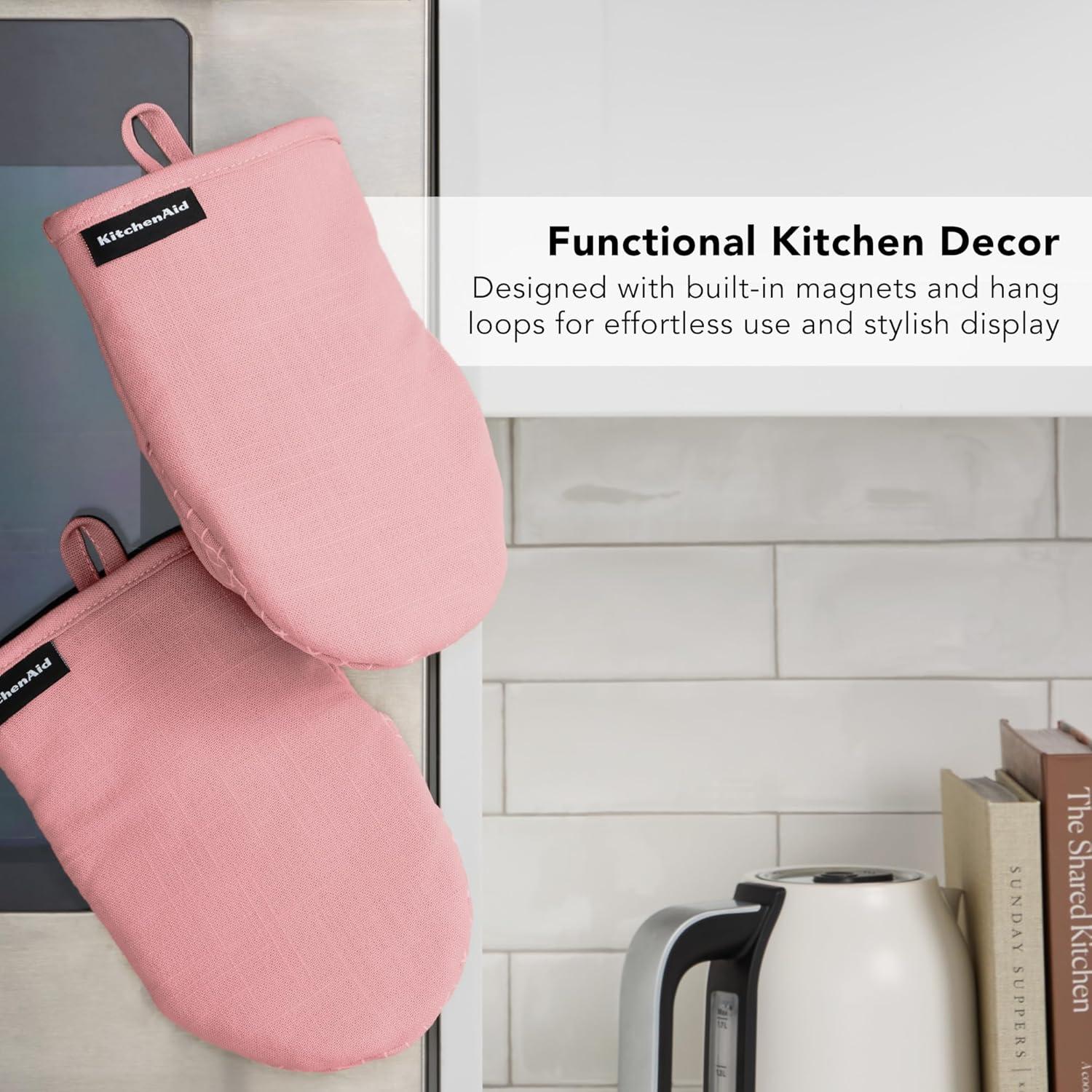 imageKITCHENAID Gourmet Series Gridlines Mini Oven Mitts 2Pack Set Heat Resistant up to 600F Soft Silicone Grip Magnetic Cuff Ink Blue 55quotx9quotDried Rose