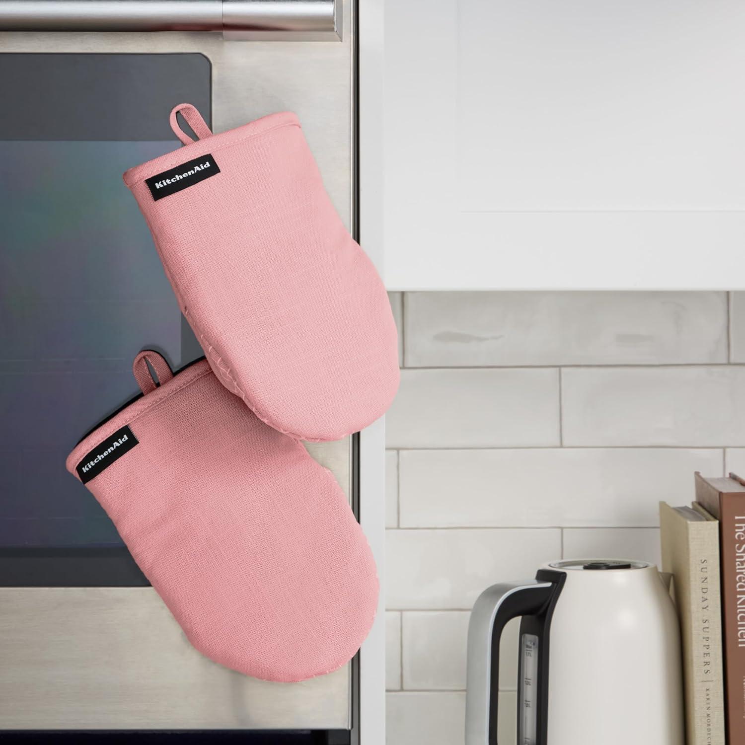 imageKITCHENAID Gourmet Series Gridlines Mini Oven Mitts 2Pack Set Heat Resistant up to 600F Soft Silicone Grip Magnetic Cuff Ink Blue 55quotx9quotDried Rose