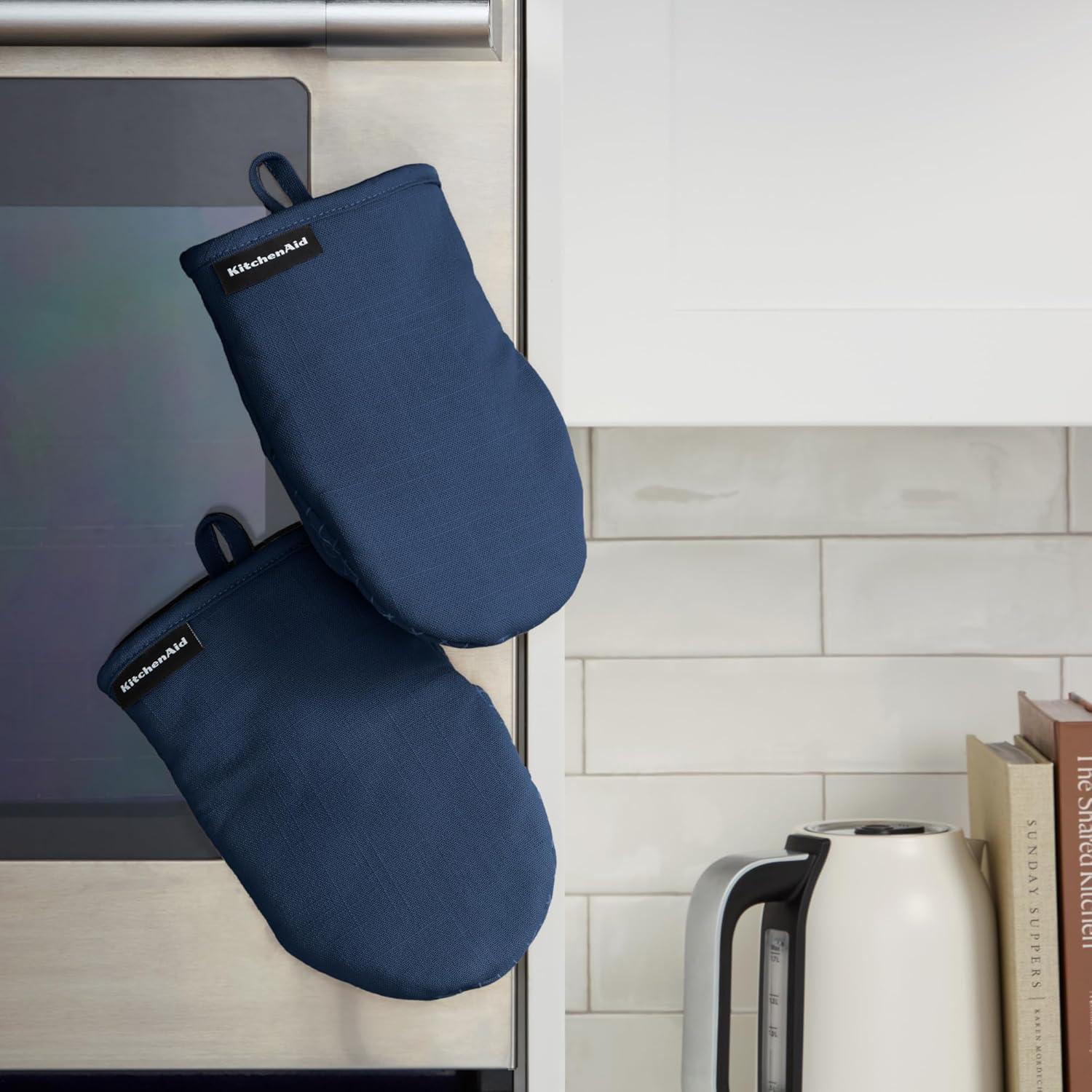 imageKITCHENAID Gourmet Series Gridlines Mini Oven Mitts 2Pack Set Heat Resistant up to 600F Soft Silicone Grip Magnetic Cuff Ink Blue 55quotx9quotInk Blue