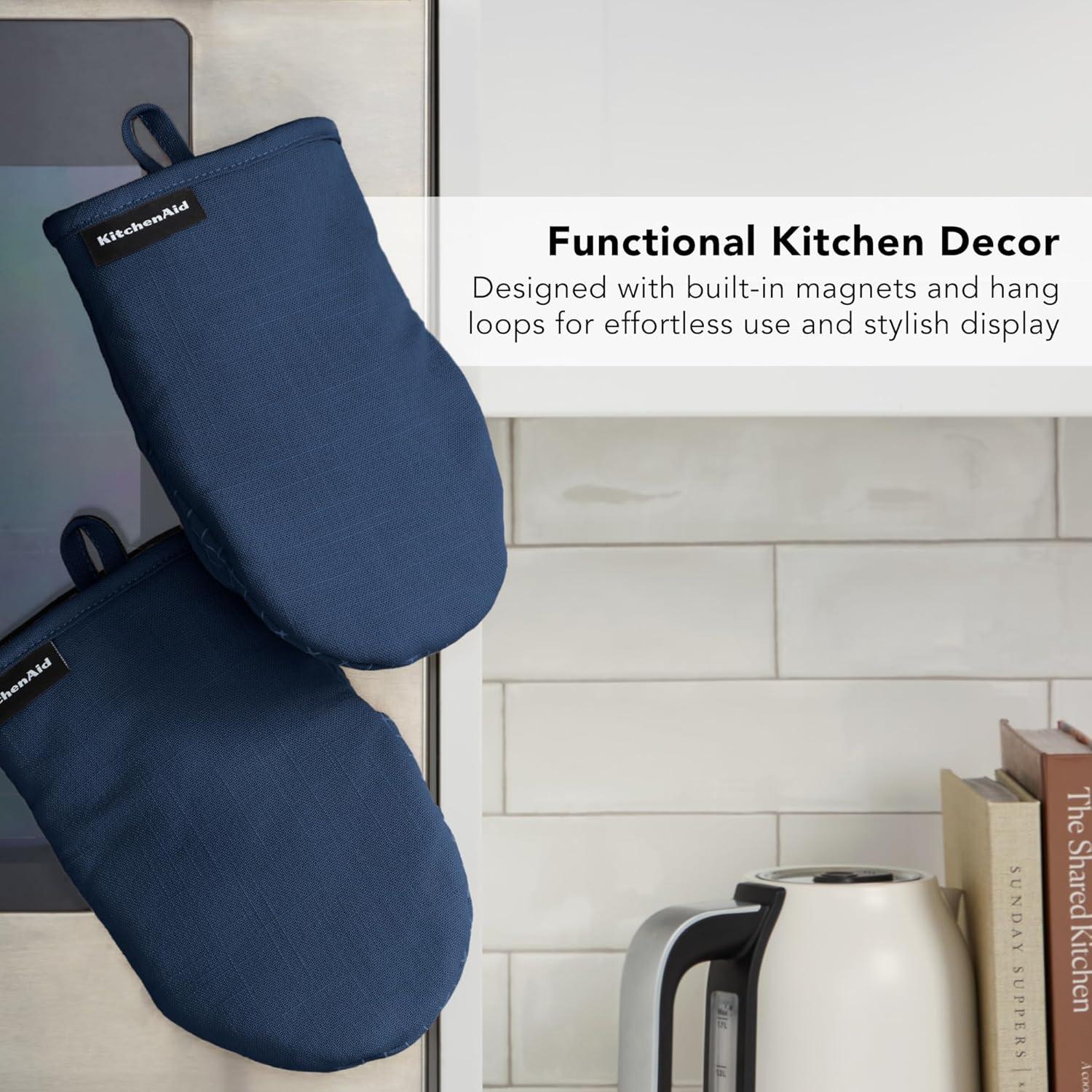 imageKITCHENAID Gourmet Series Gridlines Mini Oven Mitts 2Pack Set Heat Resistant up to 600F Soft Silicone Grip Magnetic Cuff Ink Blue 55quotx9quotInk Blue