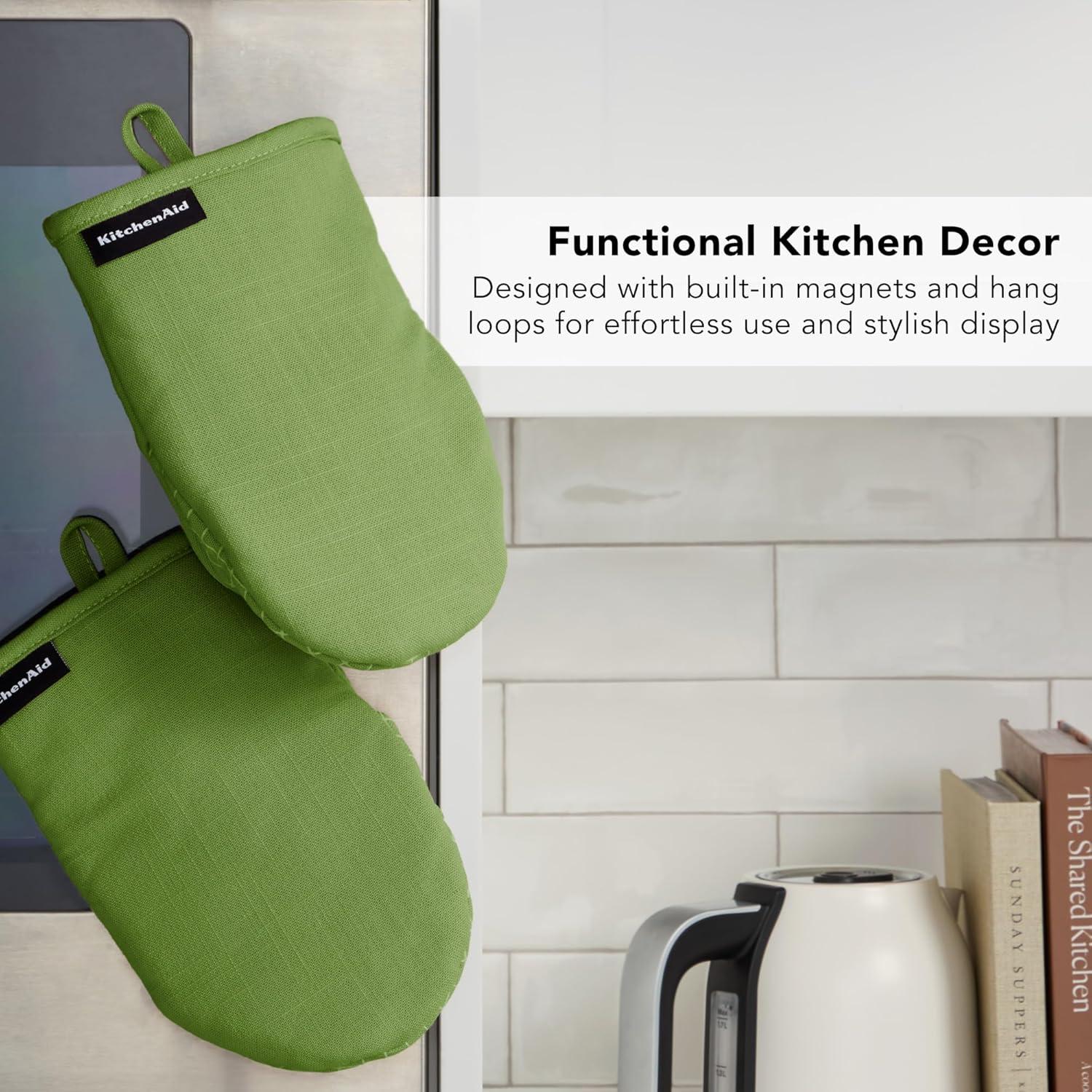 imageKITCHENAID Gourmet Series Gridlines Mini Oven Mitts 2Pack Set Heat Resistant up to 600F Soft Silicone Grip Magnetic Cuff Ink Blue 55quotx9quotMatcha Green