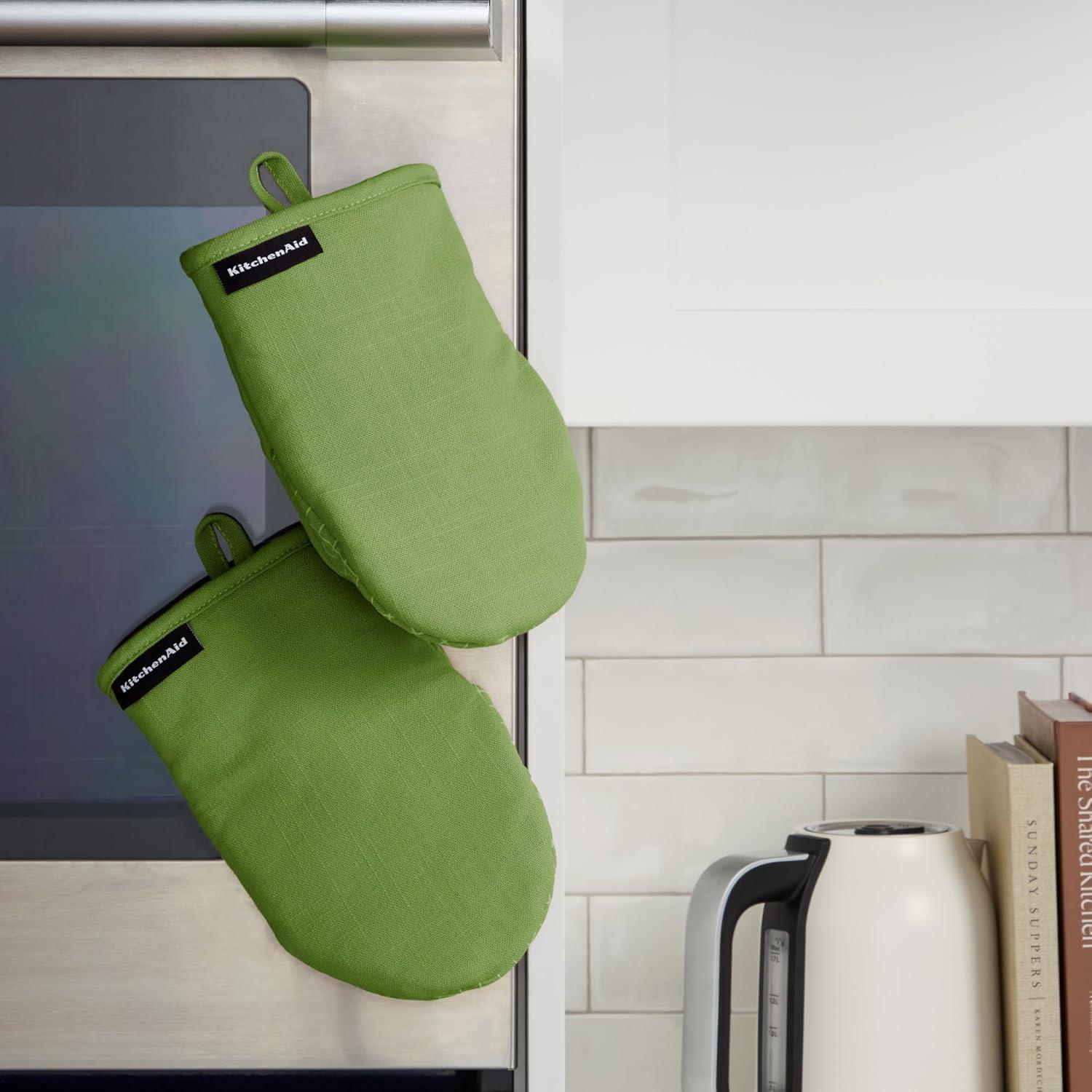 imageKITCHENAID Gourmet Series Gridlines Mini Oven Mitts 2Pack Set Heat Resistant up to 600F Soft Silicone Grip Magnetic Cuff Ink Blue 55quotx9quotMatcha Green
