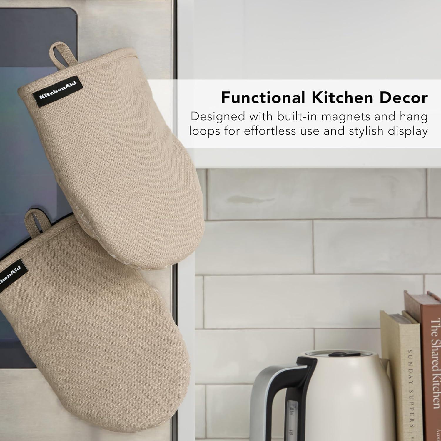 imageKITCHENAID Gourmet Series Gridlines Mini Oven Mitts 2Pack Set Heat Resistant up to 600F Soft Silicone Grip Magnetic Cuff Ink Blue 55quotx9quotMilkshake Tan