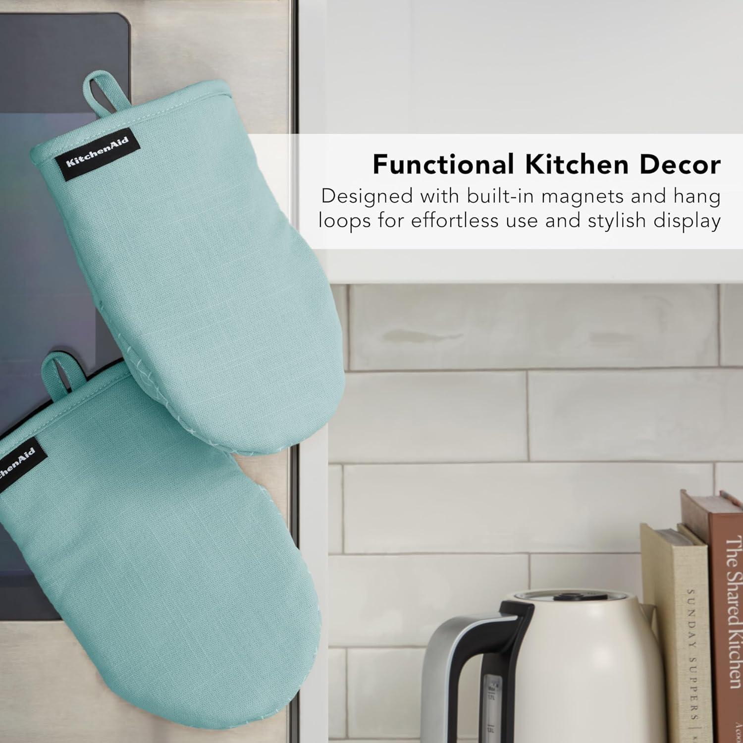 imageKITCHENAID Gourmet Series Gridlines Mini Oven Mitts 2Pack Set Heat Resistant up to 600F Soft Silicone Grip Magnetic Cuff Ink Blue 55quotx9quotMineral Water Aqua