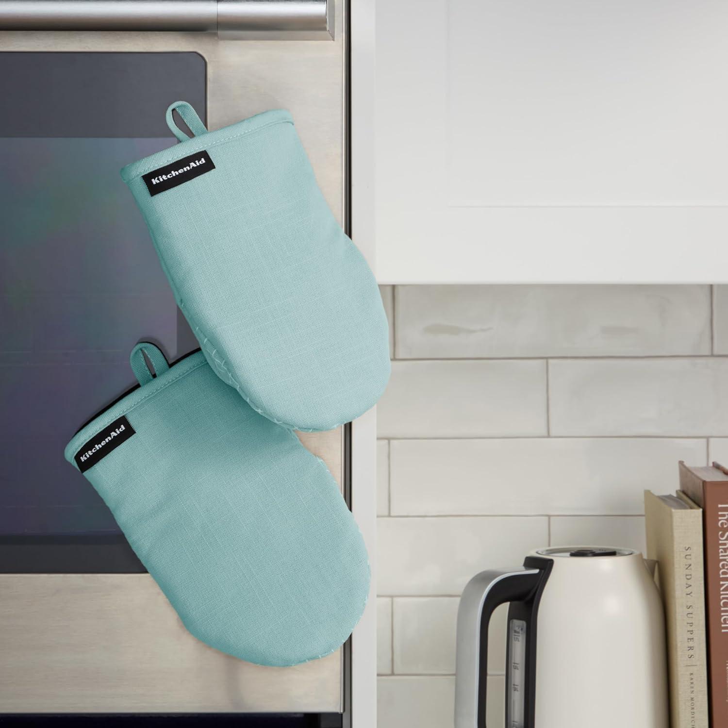imageKITCHENAID Gourmet Series Gridlines Mini Oven Mitts 2Pack Set Heat Resistant up to 600F Soft Silicone Grip Magnetic Cuff Ink Blue 55quotx9quotMineral Water Aqua