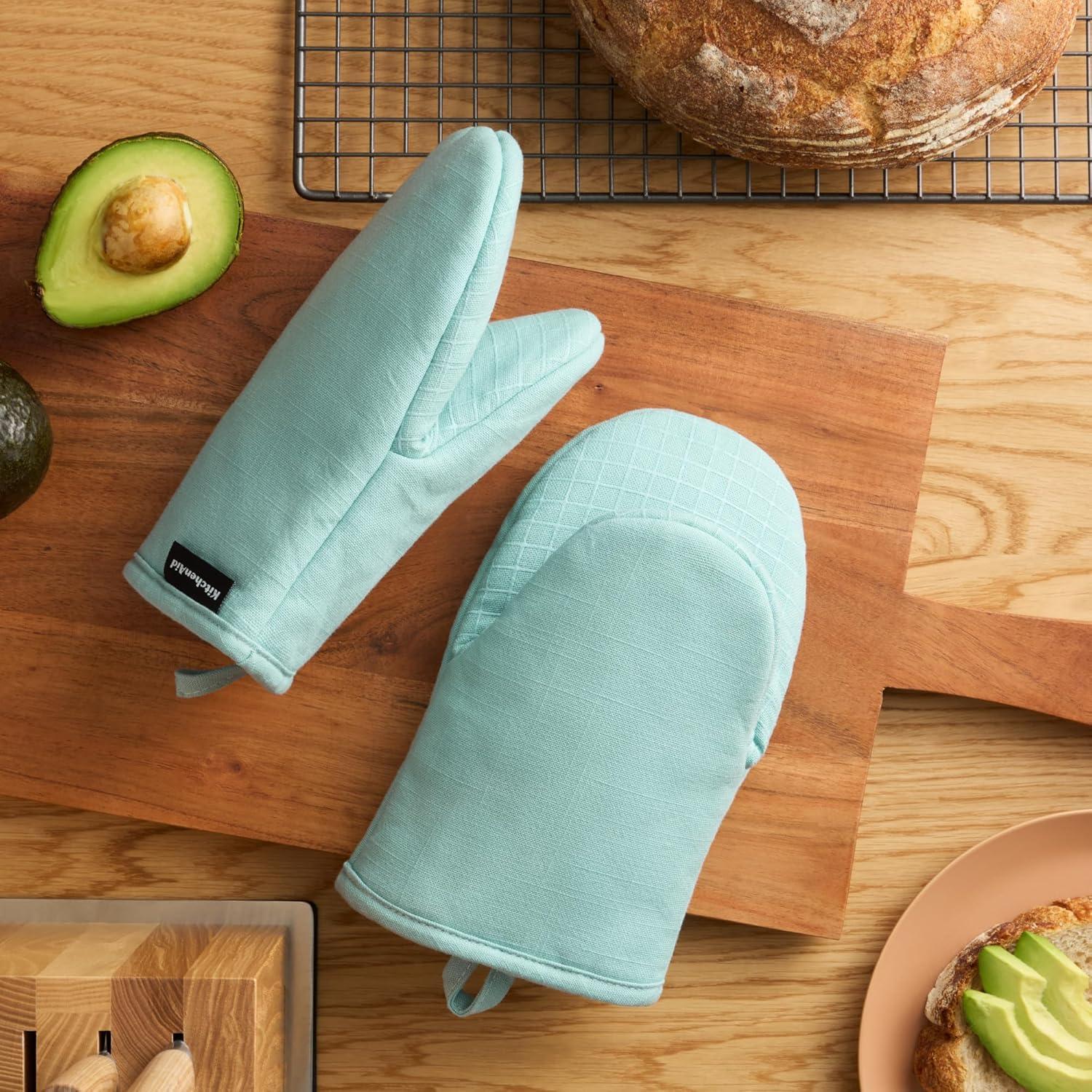 imageKITCHENAID Gourmet Series Gridlines Mini Oven Mitts 2Pack Set Heat Resistant up to 600F Soft Silicone Grip Magnetic Cuff Ink Blue 55quotx9quotMineral Water Aqua