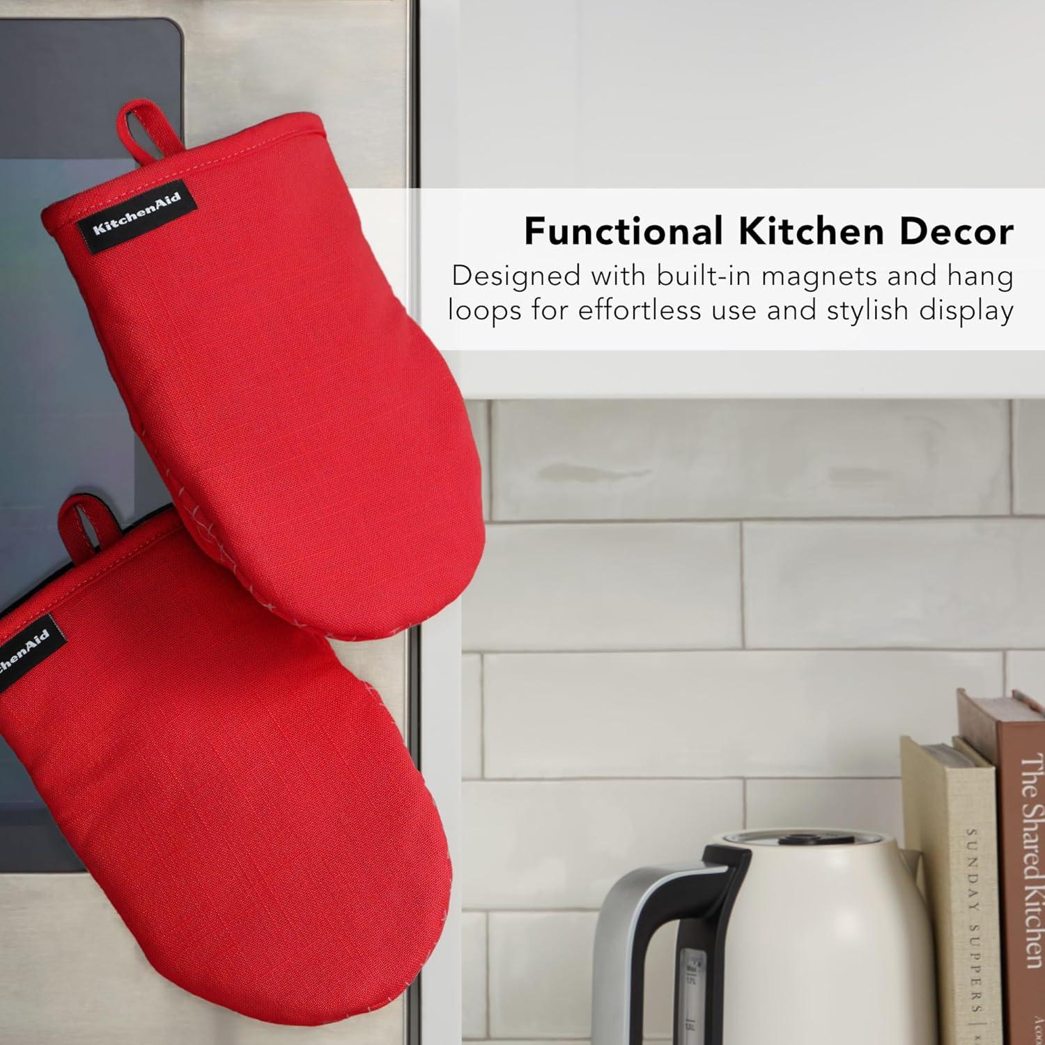 imageKITCHENAID Gourmet Series Gridlines Mini Oven Mitts 2Pack Set Heat Resistant up to 600F Soft Silicone Grip Magnetic Cuff Ink Blue 55quotx9quotPassion Red