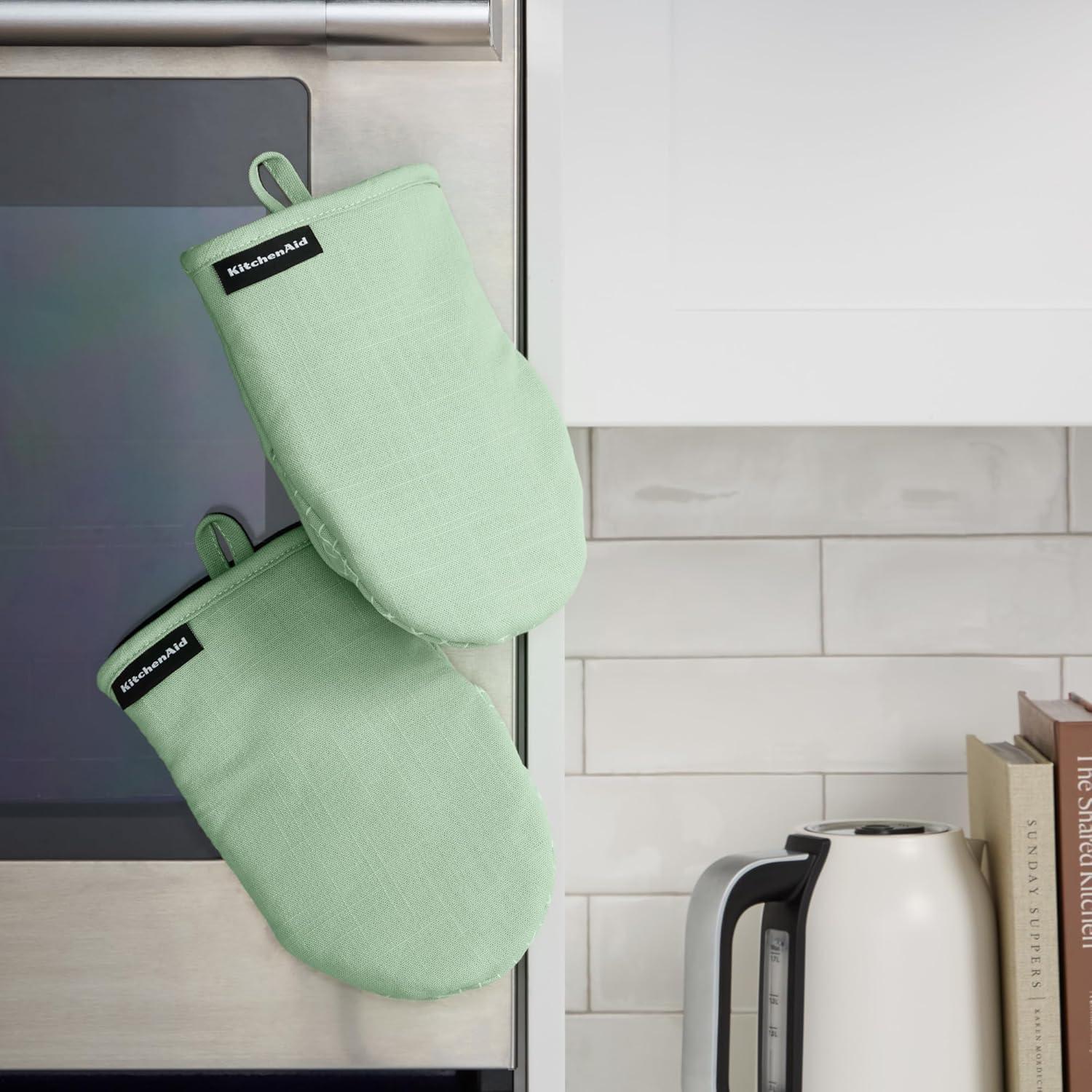 imageKITCHENAID Gourmet Series Gridlines Mini Oven Mitts 2Pack Set Heat Resistant up to 600F Soft Silicone Grip Magnetic Cuff Ink Blue 55quotx9quotPistachio Green