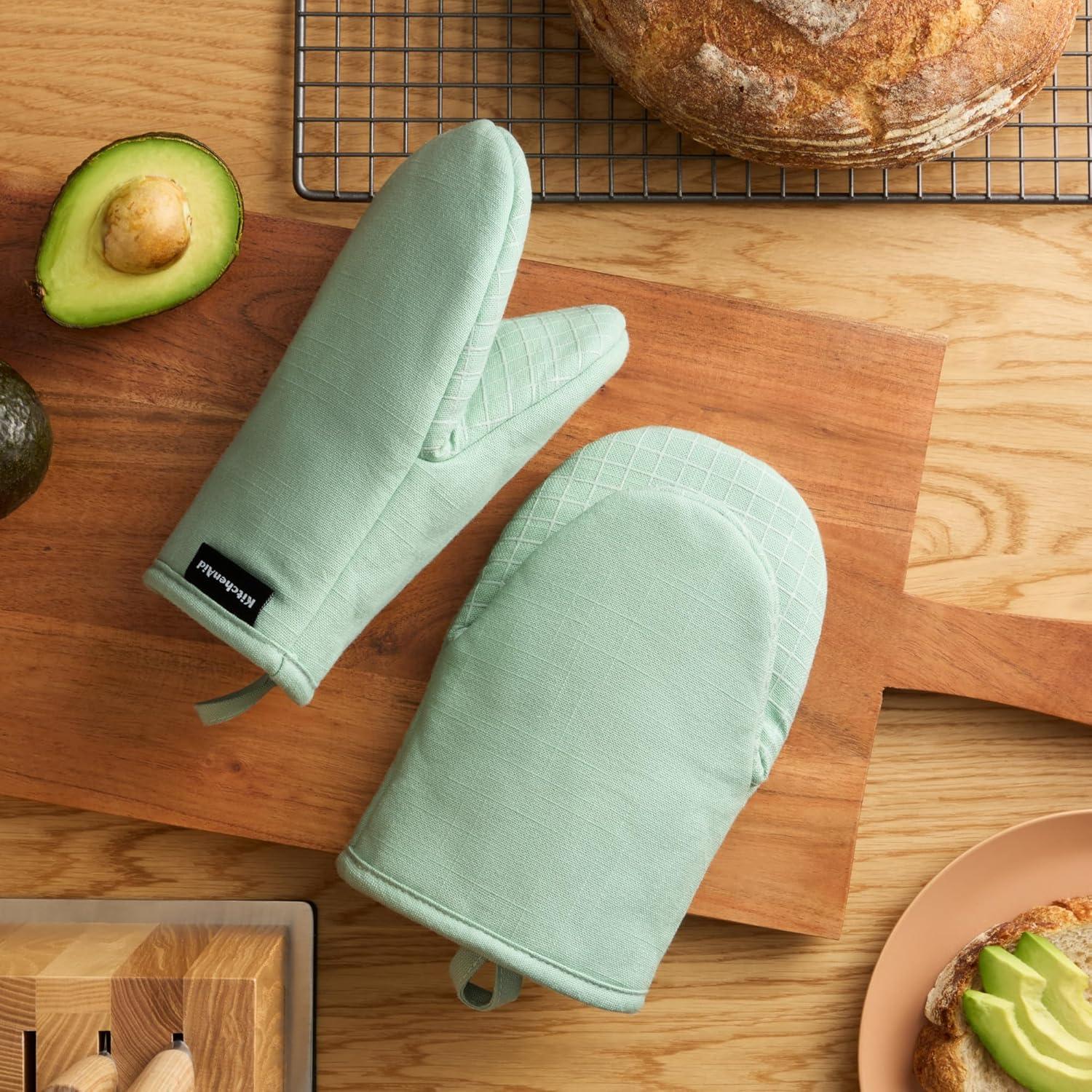imageKITCHENAID Gourmet Series Gridlines Mini Oven Mitts 2Pack Set Heat Resistant up to 600F Soft Silicone Grip Magnetic Cuff Ink Blue 55quotx9quotPistachio Green