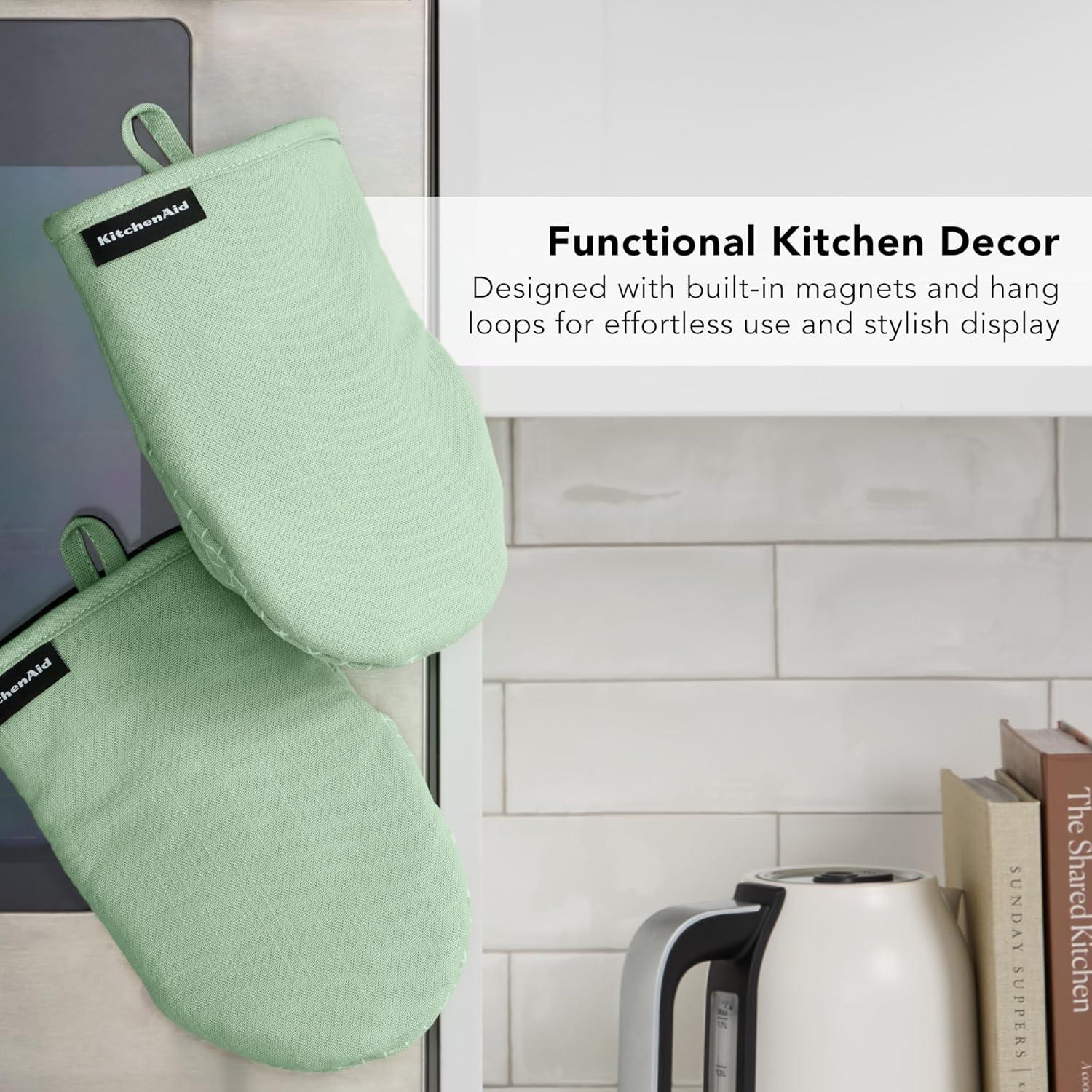 imageKITCHENAID Gourmet Series Gridlines Mini Oven Mitts 2Pack Set Heat Resistant up to 600F Soft Silicone Grip Magnetic Cuff Ink Blue 55quotx9quotPistachio Green