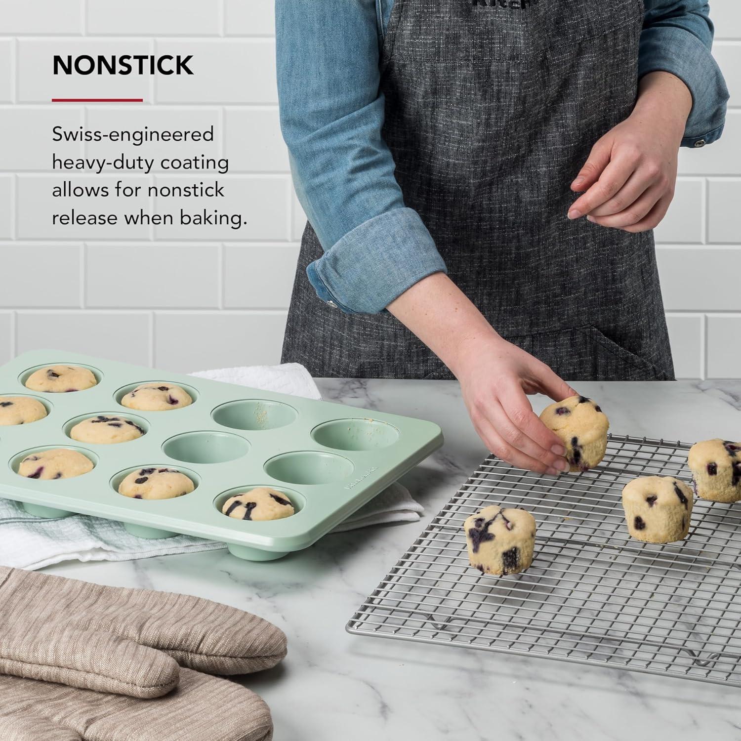 imageKitchenAid 12Cup Nonstick Aluminized Steel Muffin Pan Ink BluePistachio