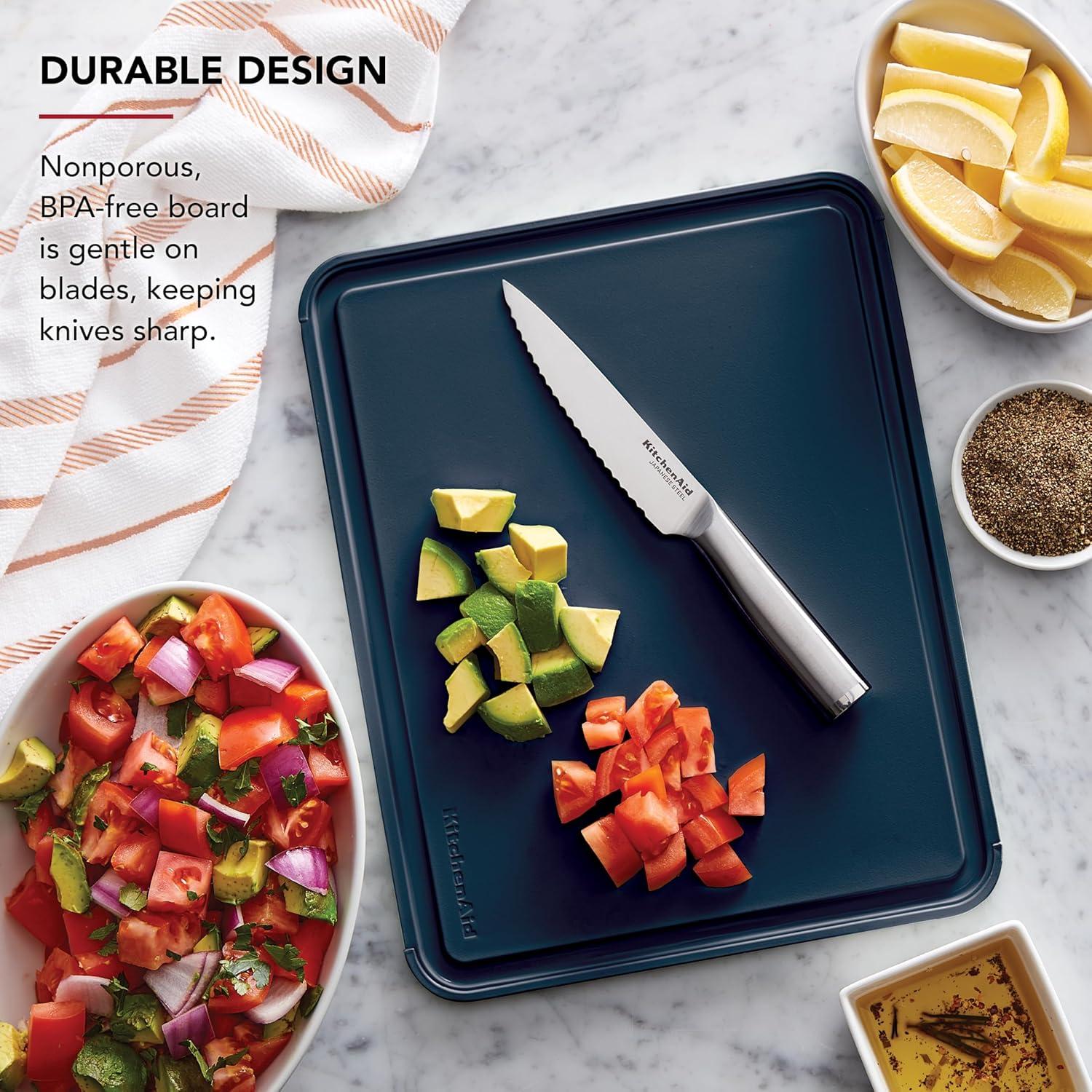 imageKitchenAid Classic Plastic Cutting Board with Perimeter Trench and Non Slip Edges Dishwasher Safe 11 x 14 inch Scorched OrangeInk Blue