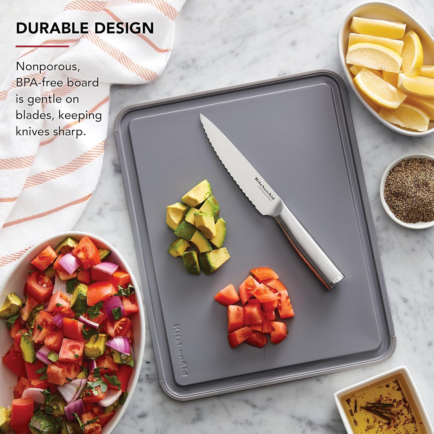 imageKitchenAid Classic Plastic Cutting Board with Perimeter Trench and Non Slip Edges Dishwasher Safe 8 x 10 inch Scorched OrangeGray
