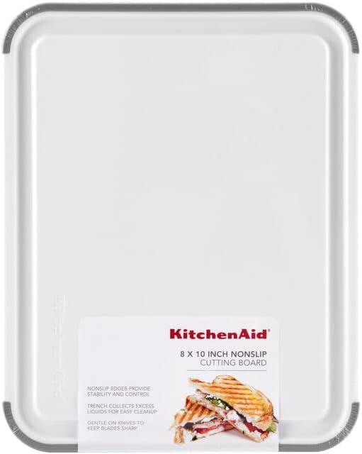 imageKitchenAid Classic Plastic Cutting Board with Perimeter Trench and Non Slip Edges Dishwasher Safe 8 x 10 inch Scorched OrangeWhiteGray