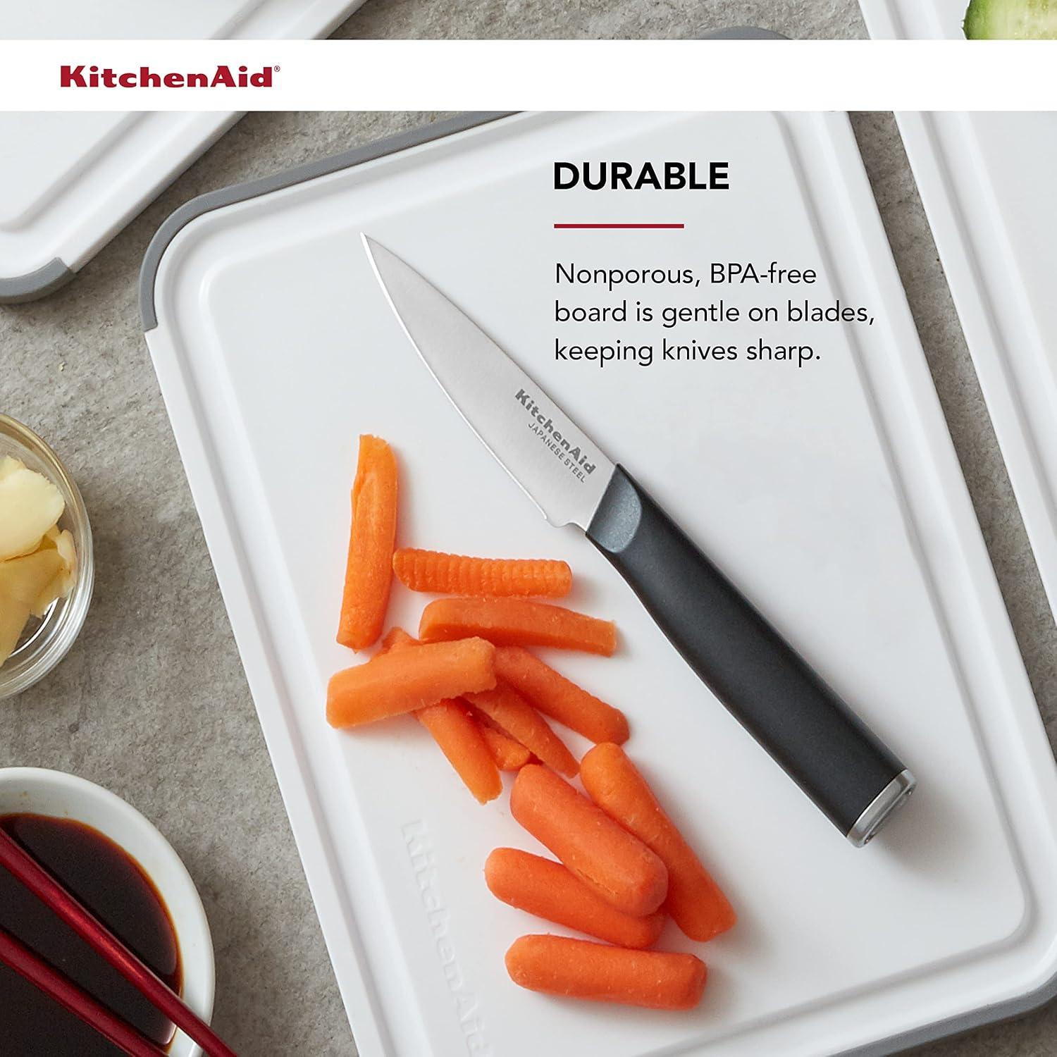 imageKitchenAid Classic Plastic Cutting Board with Perimeter Trench and Non Slip Edges Dishwasher Safe 8 x 10 inch Scorched OrangeWhiteGray