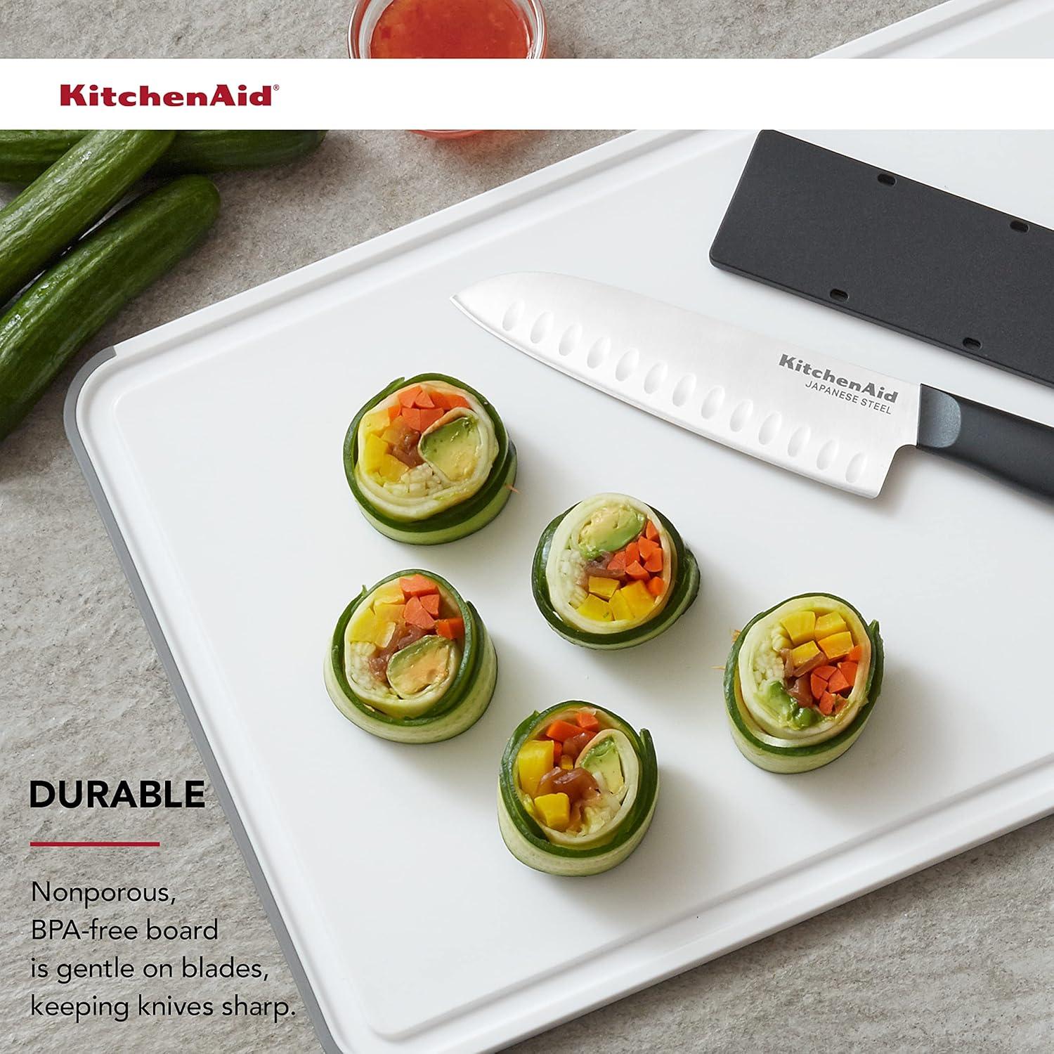 imageKitchenAid Classic Plastic Cutting Board with Perimeter Trench and Non Slip Edges Dishwasher Safe 8 x 10 inch Scorched OrangeWhiteGray