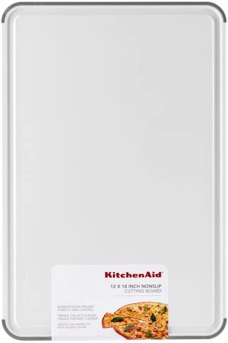 imageKitchenAid Classic Plastic Cutting Board with Perimeter Trench and Non Slip Edges Dishwasher Safe 8 x 10 inch Scorched OrangeWhiteGray