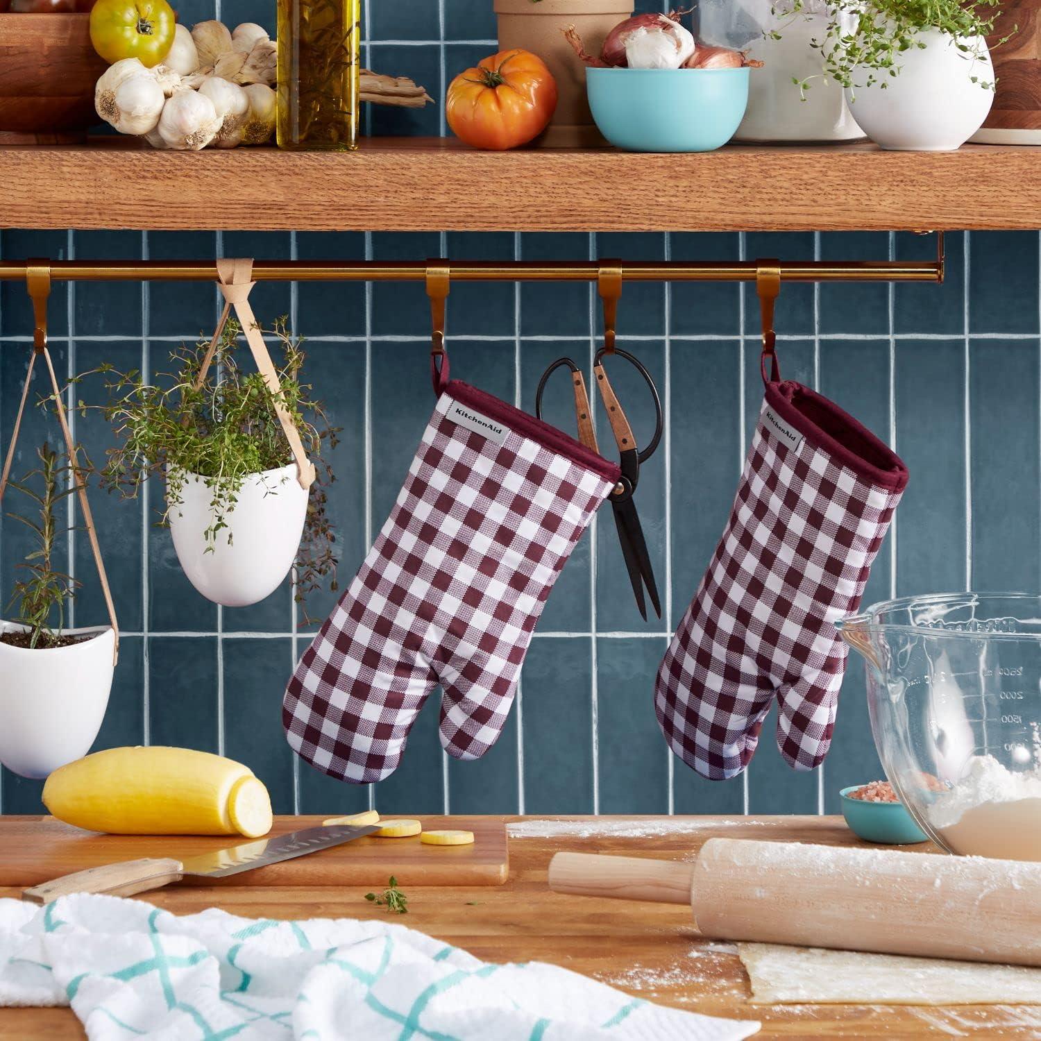 imageKitchenAid Gingham Oven Mitt 2Pack Set Aqua Sky 7quotx13quotBeet