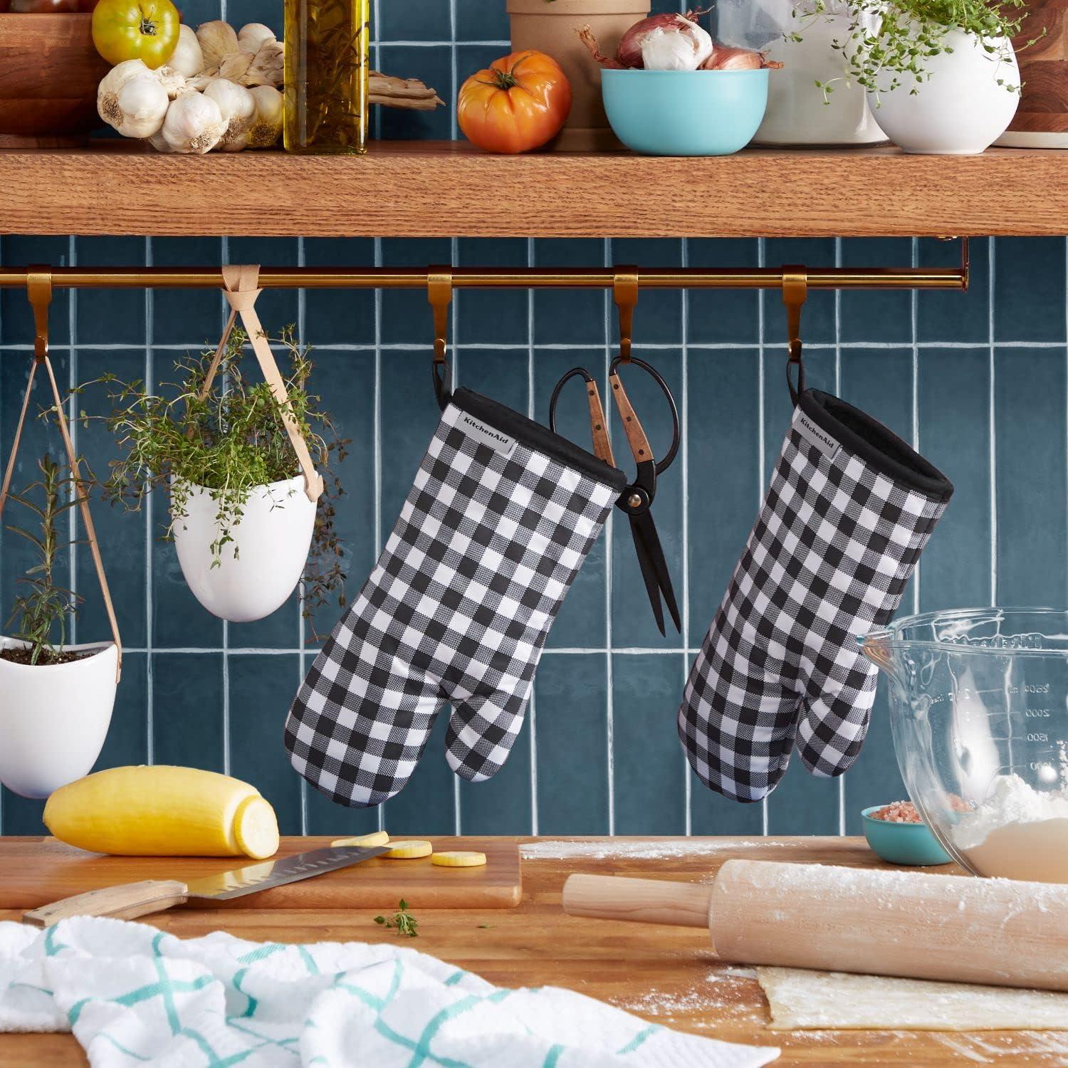 imageKitchenAid Gingham Oven Mitt 2Pack Set Aqua Sky 7quotx13quotMatte Black