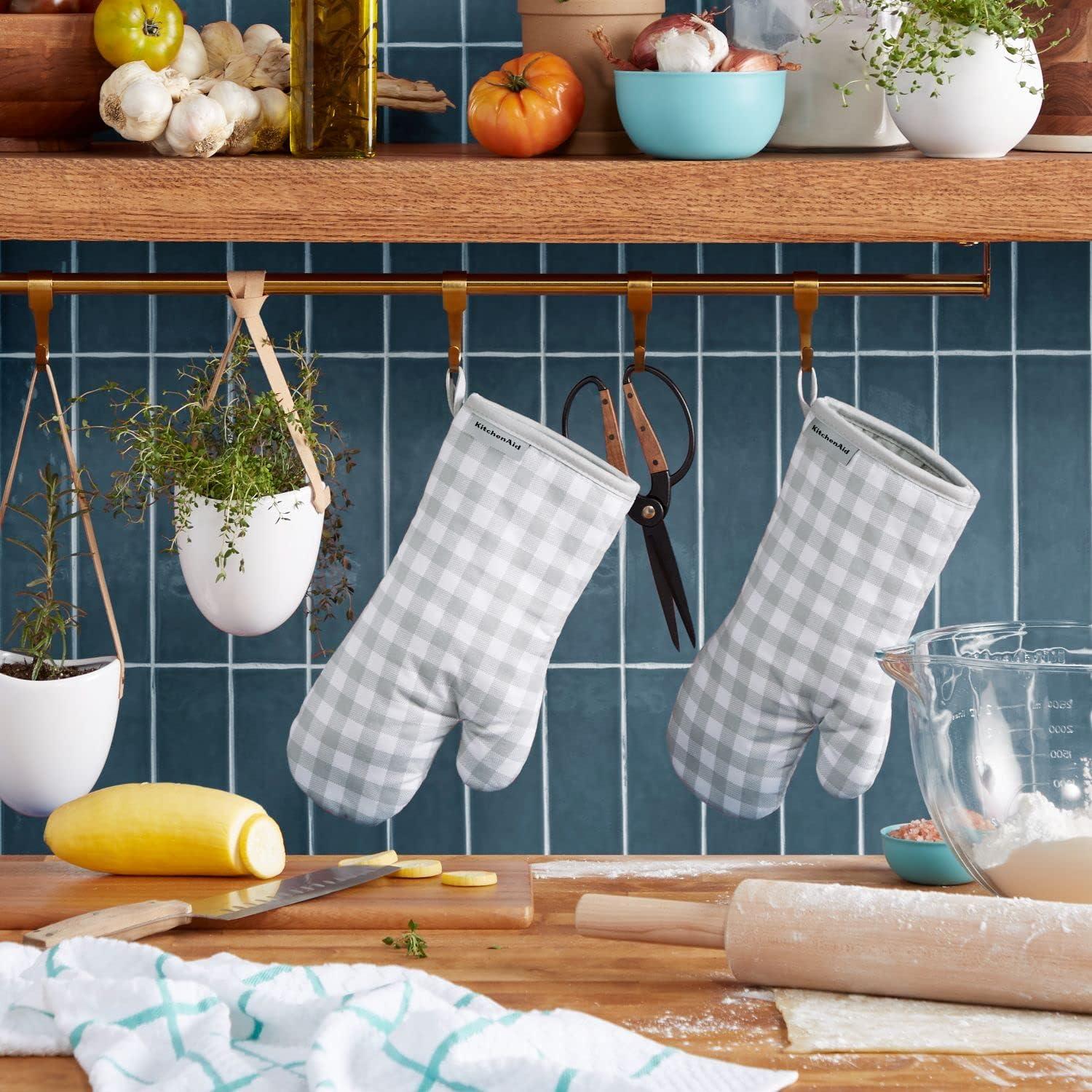 imageKitchenAid Gingham Oven Mitt 2Pack Set Aqua Sky 7quotx13quotMatte Grey