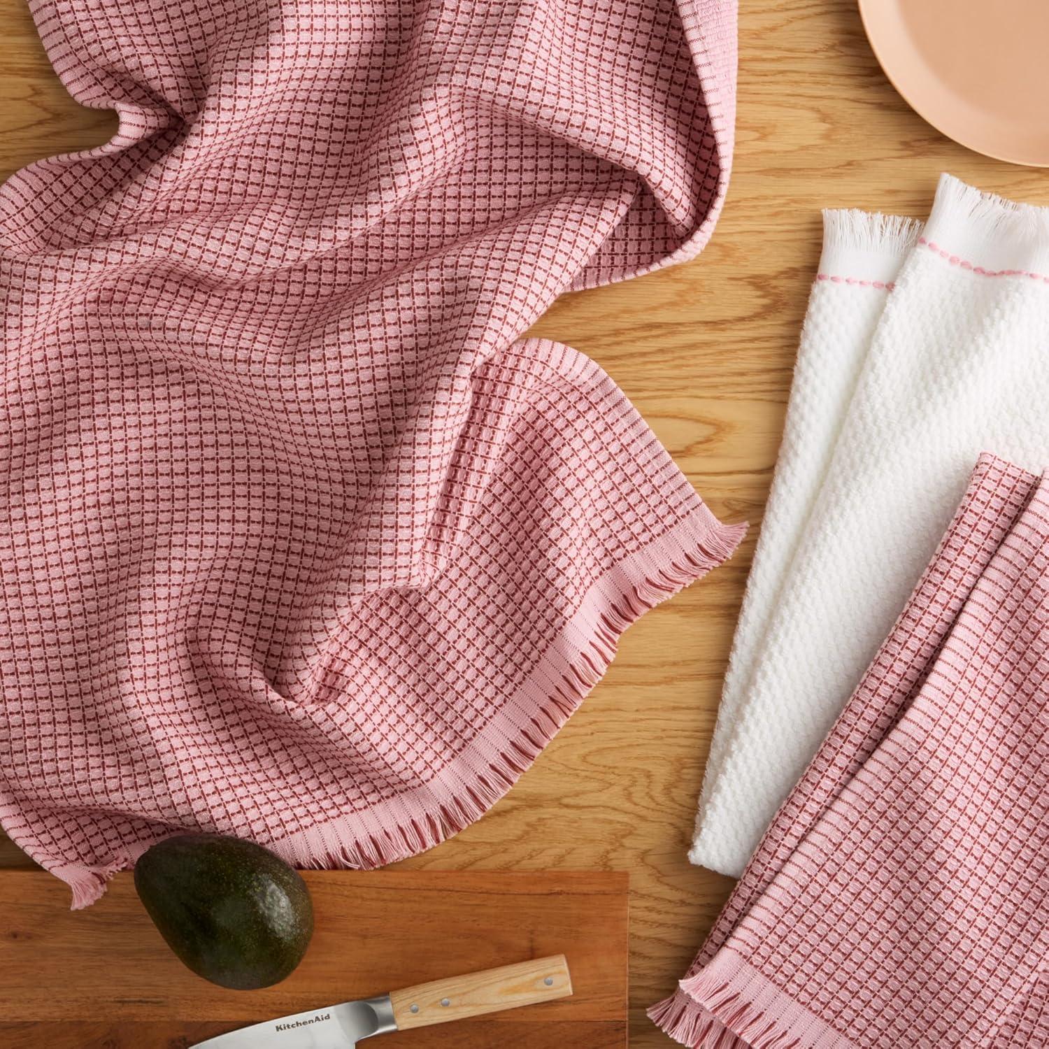 imageKitchenAid Gourmet Series Gridlines Kitchen Towels 3Pack Set 100 Cotton Absorbent Passion Red 18quotx28quotDried Rose