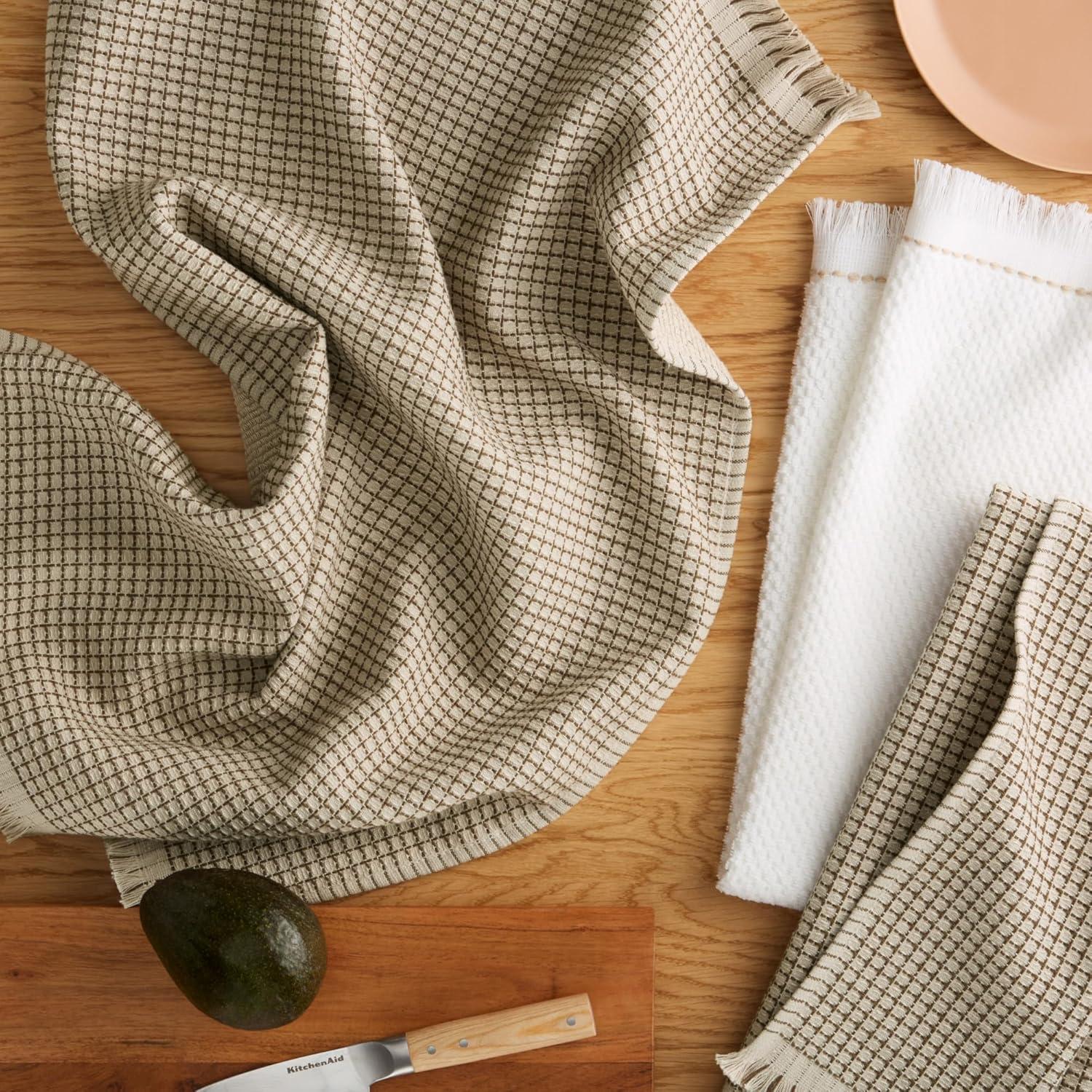 imageKitchenAid Gourmet Series Gridlines Kitchen Towels 3Pack Set 100 Cotton Absorbent Passion Red 18quotx28quotMilkshake Tan