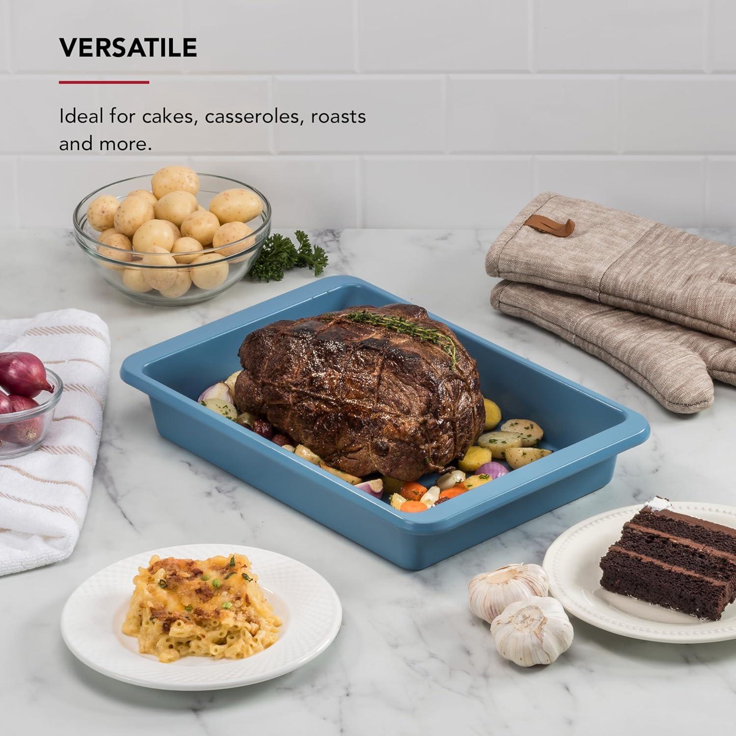 imageKitchenAid Nonstick Swiss Engineered Aluminized Steel Cake Pan Dishwasher Safe Pistachio 9 x 13 InchBlue Velvet