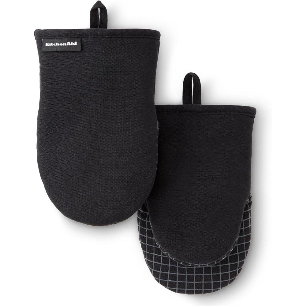 imageKITCHENAID Gourmet Series Gridlines Mini Oven Mitts 2Pack Set Heat Resistant up to 600F Soft Silicone Grip Magnetic Cuff Ink Blue 55quotx9quotMatte Black