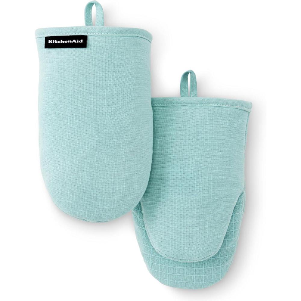 imageKITCHENAID Gourmet Series Gridlines Mini Oven Mitts 2Pack Set Heat Resistant up to 600F Soft Silicone Grip Magnetic Cuff Ink Blue 55quotx9quotMineral Water Aqua