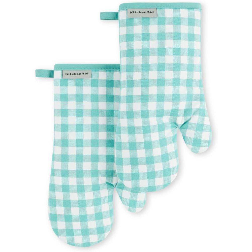 imageKitchenAid Gingham Oven Mitt 2Pack Set Aqua Sky 7quotx13quotAqua Sky