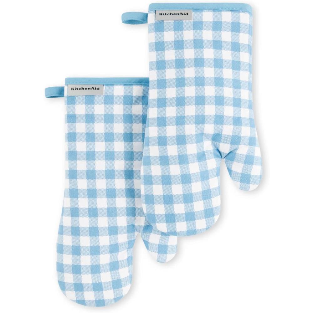 imageKitchenAid Gingham Oven Mitt 2Pack Set Aqua Sky 7quotx13quotBlue Velvet