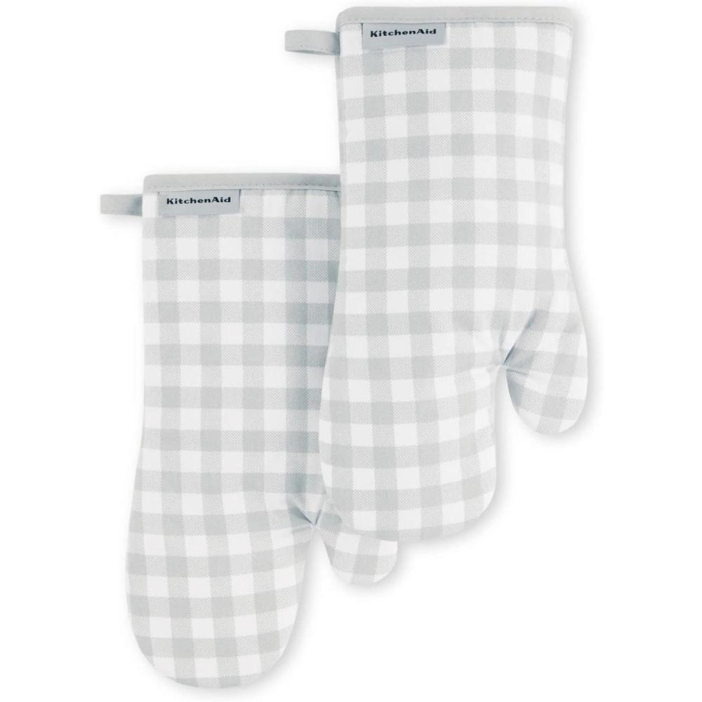 imageKitchenAid Gingham Oven Mitt 2Pack Set Aqua Sky 7quotx13quotMatte Grey