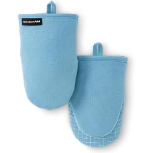 KITCHENAID Gourmet Series Gridlines Mini Oven Mitts 2-Pack Set, Heat Resistant up to 600°F, Soft Silicone Grip, Magnetic Cuff, Ink Blue, 5.5″x9″(Blue Velvet)