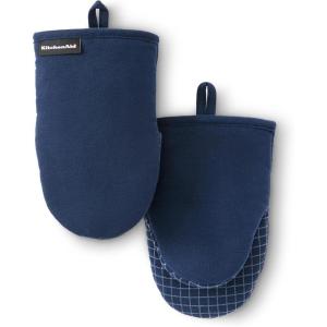 KITCHENAID Gourmet Series Gridlines Mini Oven Mitts 2-Pack Set, Heat Resistant up to 600°F, Soft Silicone Grip, Magnetic Cuff, Ink Blue, 5.5″x9″(Ink Blue)