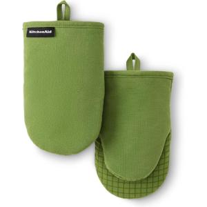 KITCHENAID Gourmet Series Gridlines Mini Oven Mitts 2-Pack Set, Heat Resistant up to 600°F, Soft Silicone Grip, Magnetic Cuff, Ink Blue, 5.5″x9″(Matcha Green)
