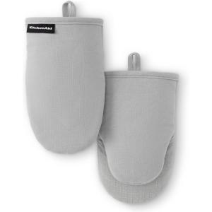 KITCHENAID Gourmet Series Gridlines Mini Oven Mitts 2-Pack Set, Heat Resistant up to 600°F, Soft Silicone Grip, Magnetic Cuff, Ink Blue, 5.5″x9″(Matte Grey)