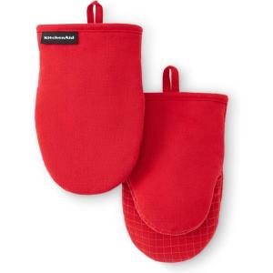 KITCHENAID Gourmet Series Gridlines Mini Oven Mitts 2-Pack Set, Heat Resistant up to 600°F, Soft Silicone Grip, Magnetic Cuff, Ink Blue, 5.5″x9″(Passion Red)