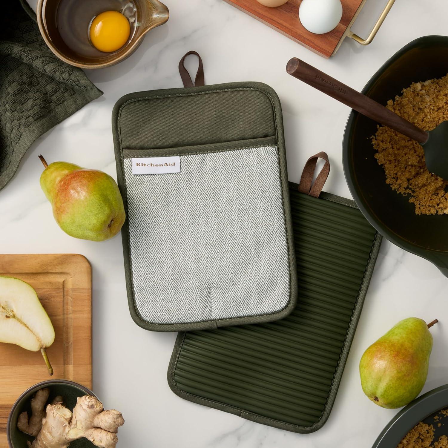 imageKITCHENAID Evergreen Design Series Herringbone Ribbed Soft Silicone Pot Holders 2Pack Set Heat Resistant up to 500F Flexible ampamp Waterproof Deep Forest Green 7quotx10quot
