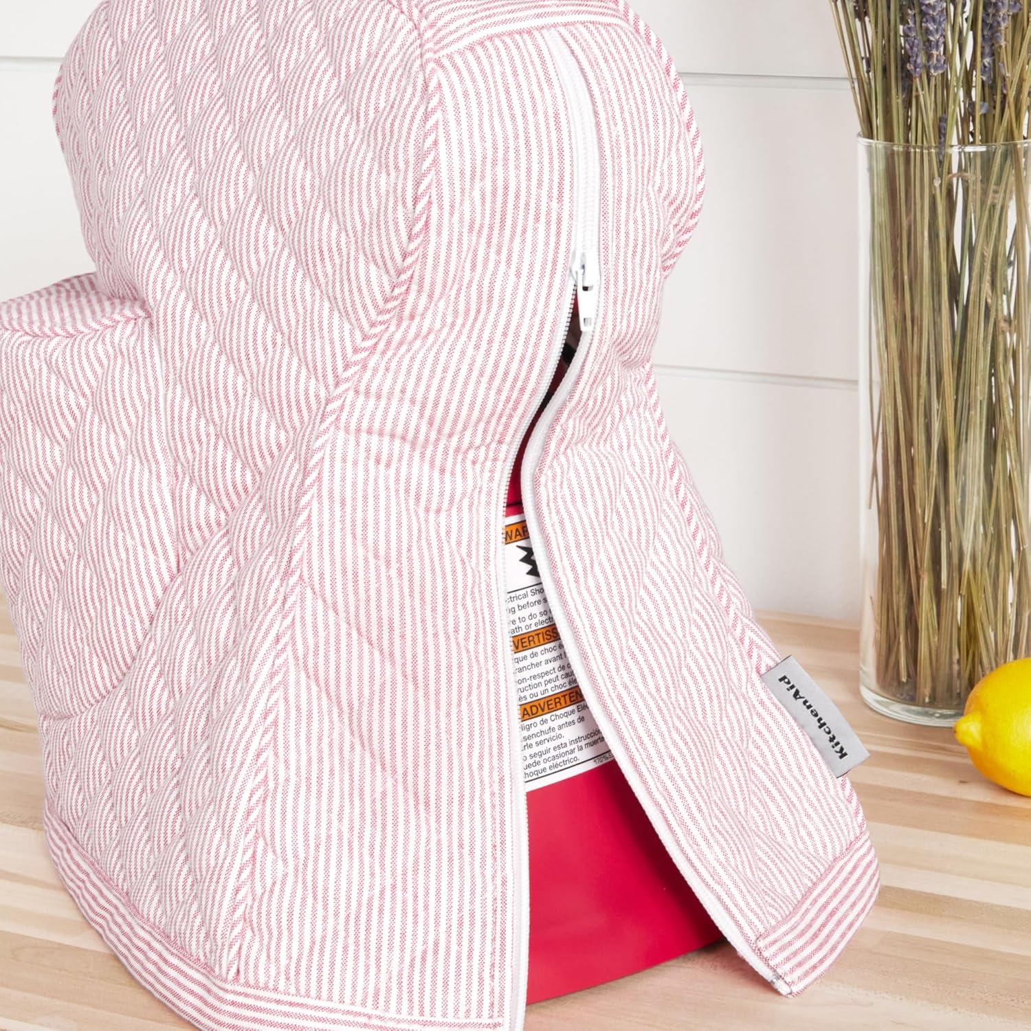 imageKITCHENAID Fitted TiltHead Stand Mixer Cover with Storage Pocket Quilted 100 Cotton144quotx18quotx10quot MilkshakeTicking Stripe Hibiscus Pink