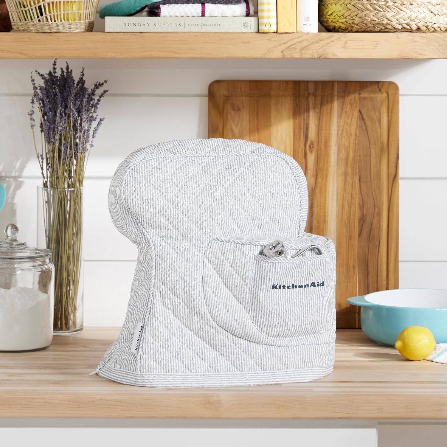 imageKITCHENAID Fitted TiltHead Stand Mixer Cover with Storage Pocket Quilted 100 Cotton144quotx18quotx10quot MilkshakeTicking Stripe Ink Blue