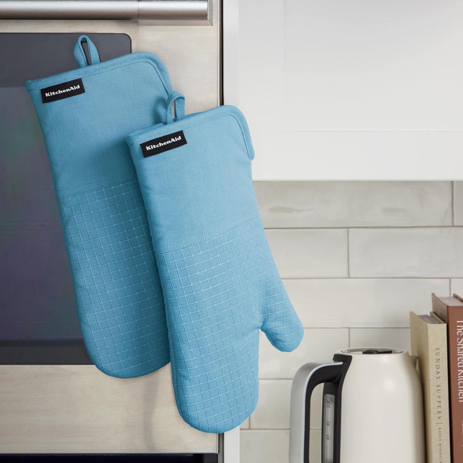 imageKITCHENAID Gourmet Series Gridlines Oven Mitts 2Pack Set Heat Resistant up to 600F Soft Silicone Grip Magnetic Cuff Mineral Water Aqua 7quotx14quotBlue Velvet
