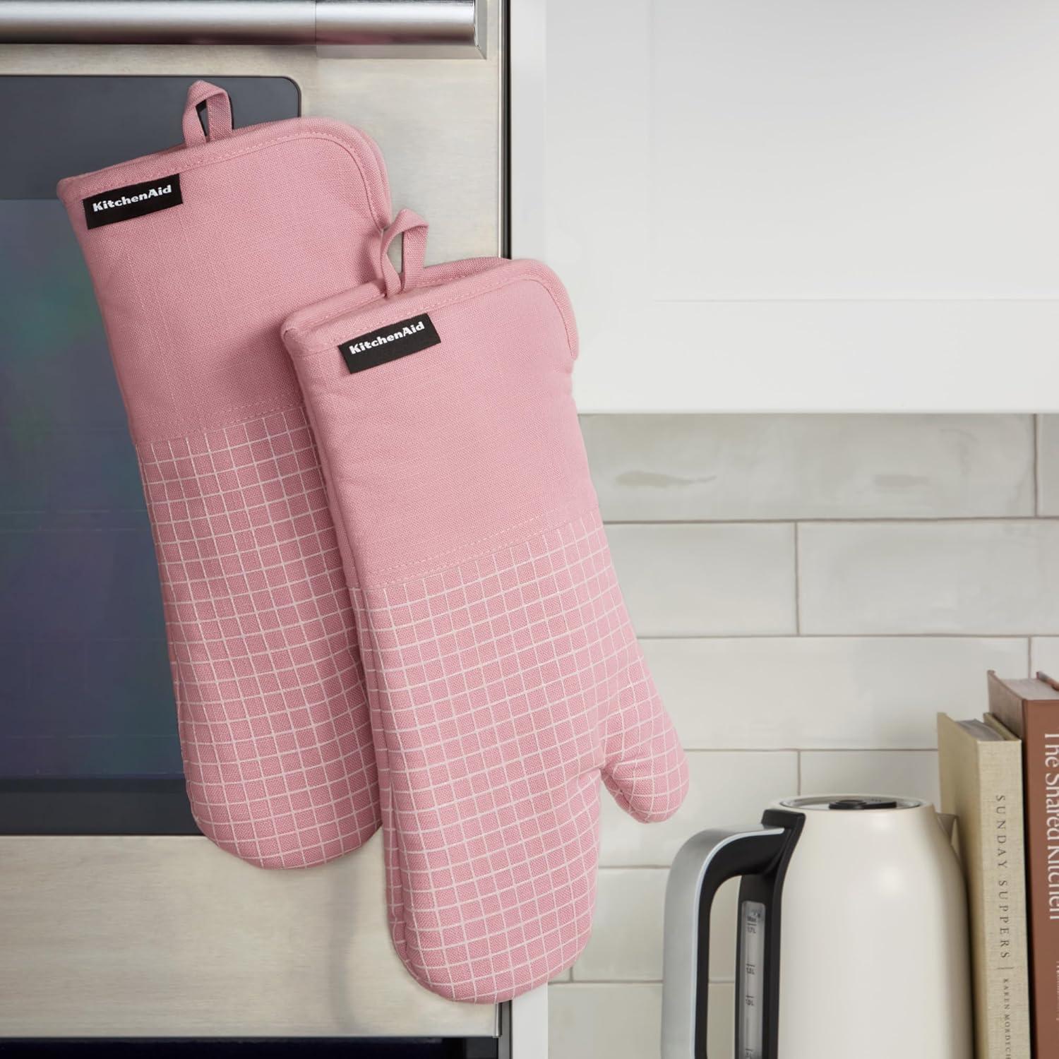 imageKITCHENAID Gourmet Series Gridlines Oven Mitts 2Pack Set Heat Resistant up to 600F Soft Silicone Grip Magnetic Cuff Mineral Water Aqua 7quotx14quotDried Rose