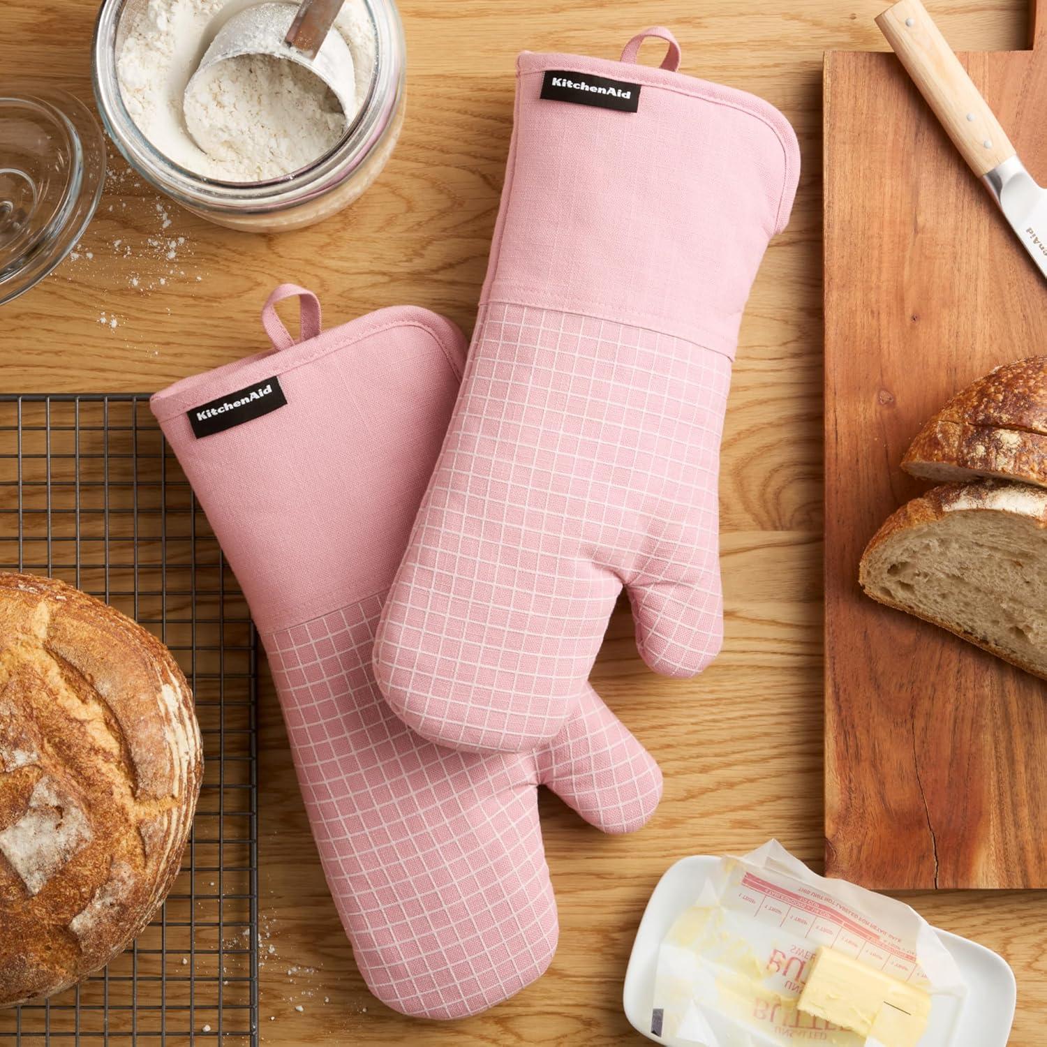 imageKITCHENAID Gourmet Series Gridlines Oven Mitts 2Pack Set Heat Resistant up to 600F Soft Silicone Grip Magnetic Cuff Mineral Water Aqua 7quotx14quotDried Rose