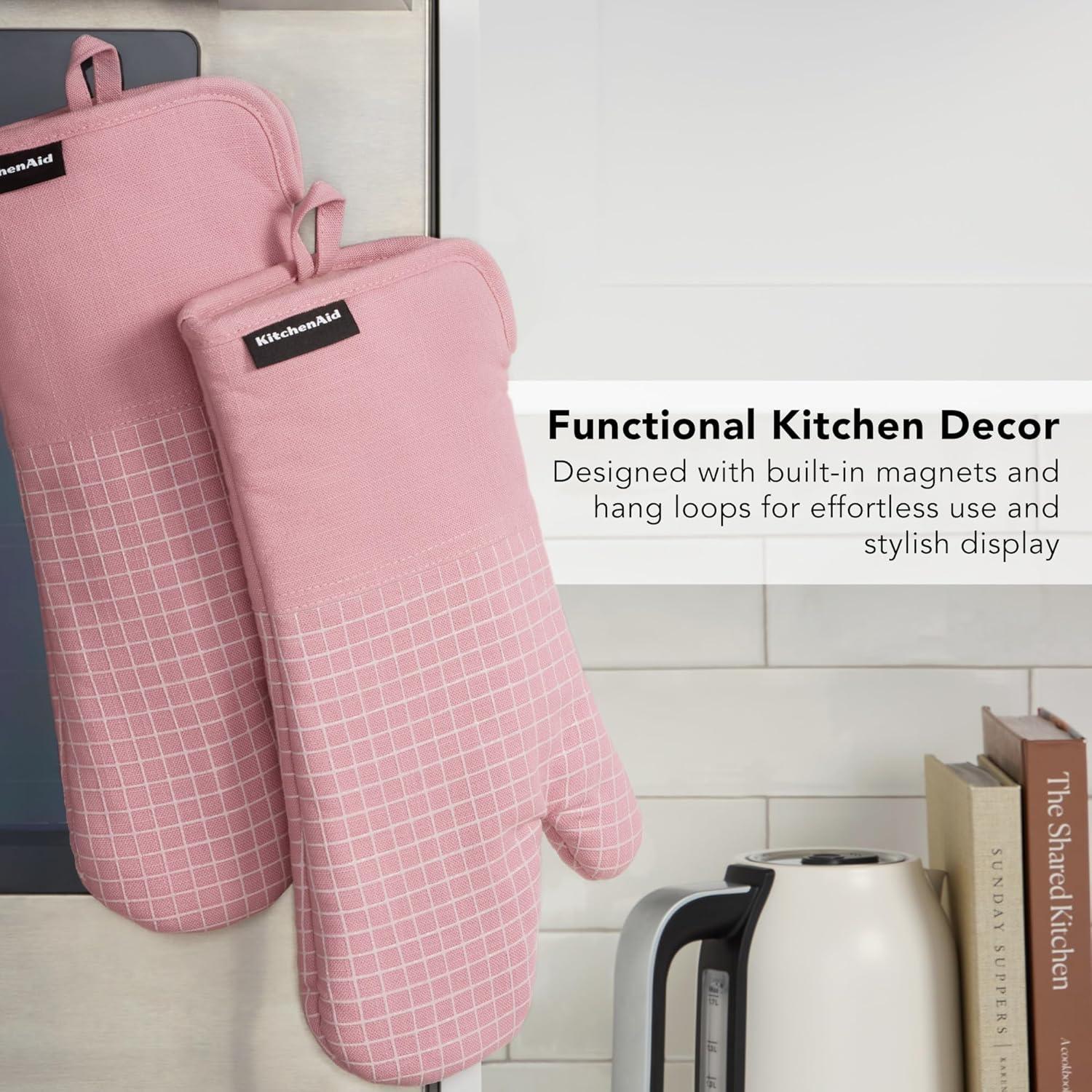 imageKITCHENAID Gourmet Series Gridlines Oven Mitts 2Pack Set Heat Resistant up to 600F Soft Silicone Grip Magnetic Cuff Mineral Water Aqua 7quotx14quotDried Rose