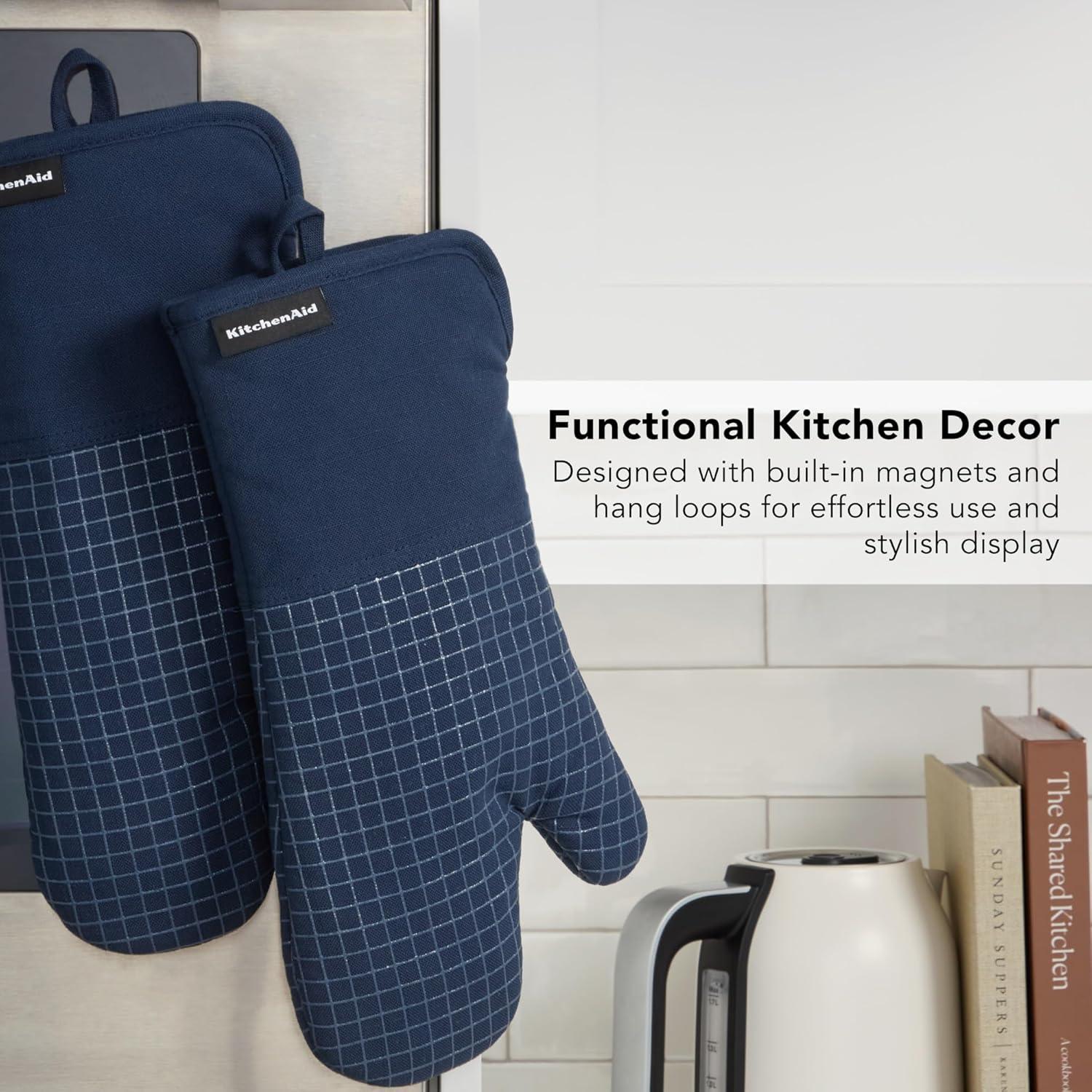imageKITCHENAID Gourmet Series Gridlines Oven Mitts 2Pack Set Heat Resistant up to 600F Soft Silicone Grip Magnetic Cuff Mineral Water Aqua 7quotx14quotInk Blue