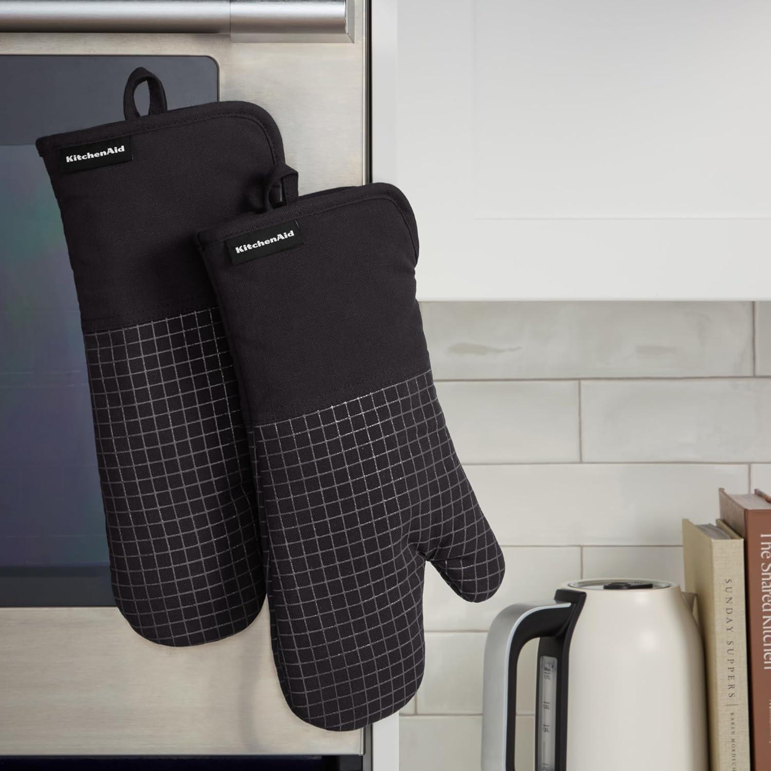 imageKITCHENAID Gourmet Series Gridlines Oven Mitts 2Pack Set Heat Resistant up to 600F Soft Silicone Grip Magnetic Cuff Mineral Water Aqua 7quotx14quotMatte Black