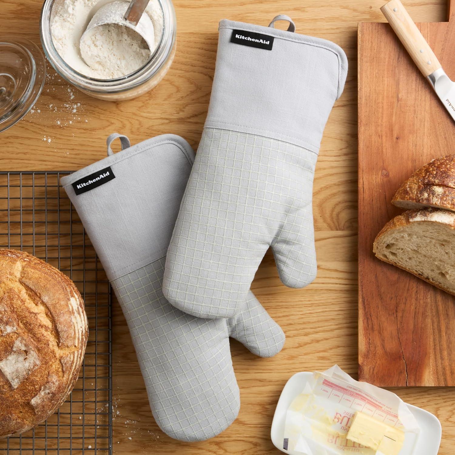 imageKITCHENAID Gourmet Series Gridlines Oven Mitts 2Pack Set Heat Resistant up to 600F Soft Silicone Grip Magnetic Cuff Mineral Water Aqua 7quotx14quotMatte Grey