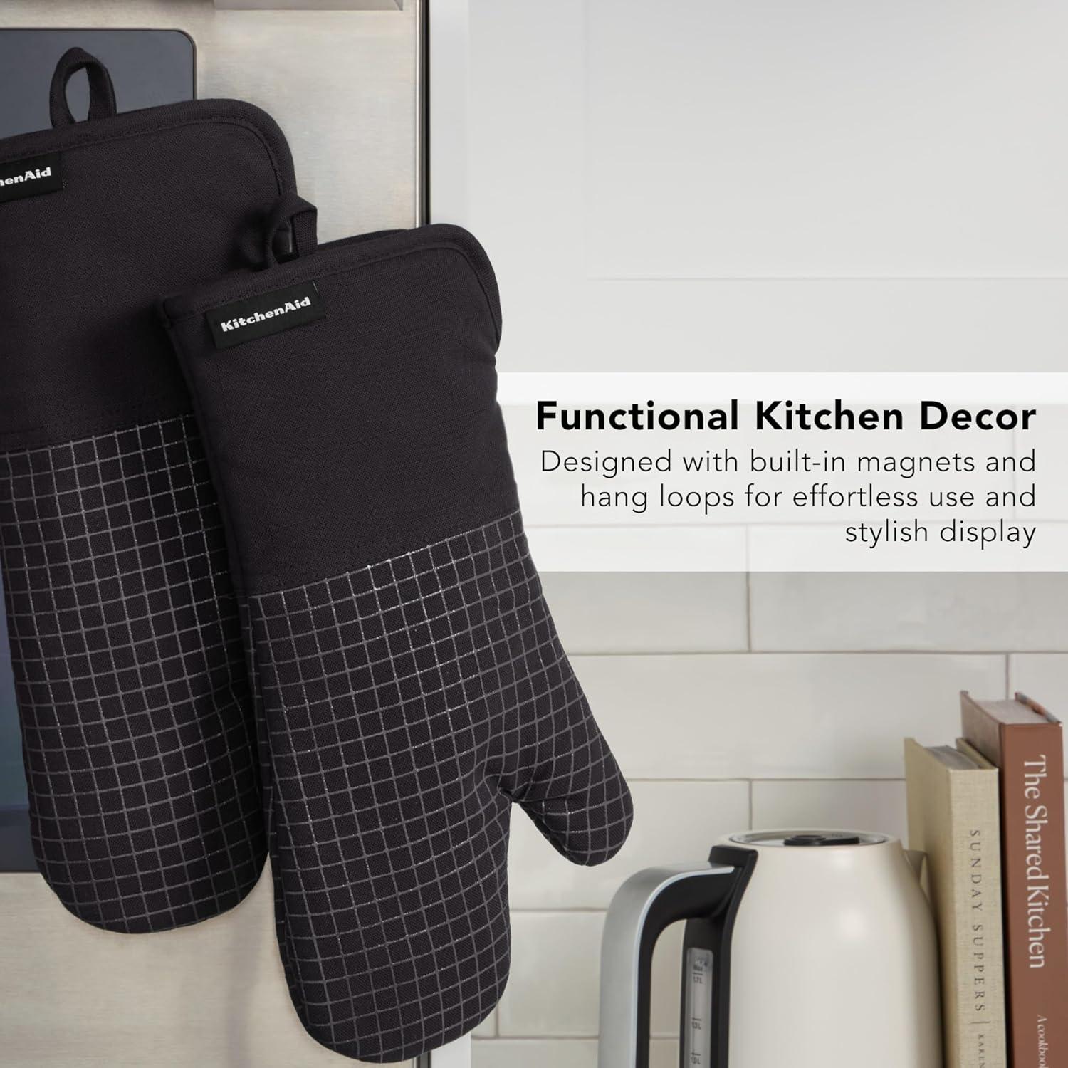 imageKITCHENAID Gourmet Series Gridlines Oven Mitts 2Pack Set Heat Resistant up to 600F Soft Silicone Grip Magnetic Cuff Mineral Water Aqua 7quotx14quotMatte Black